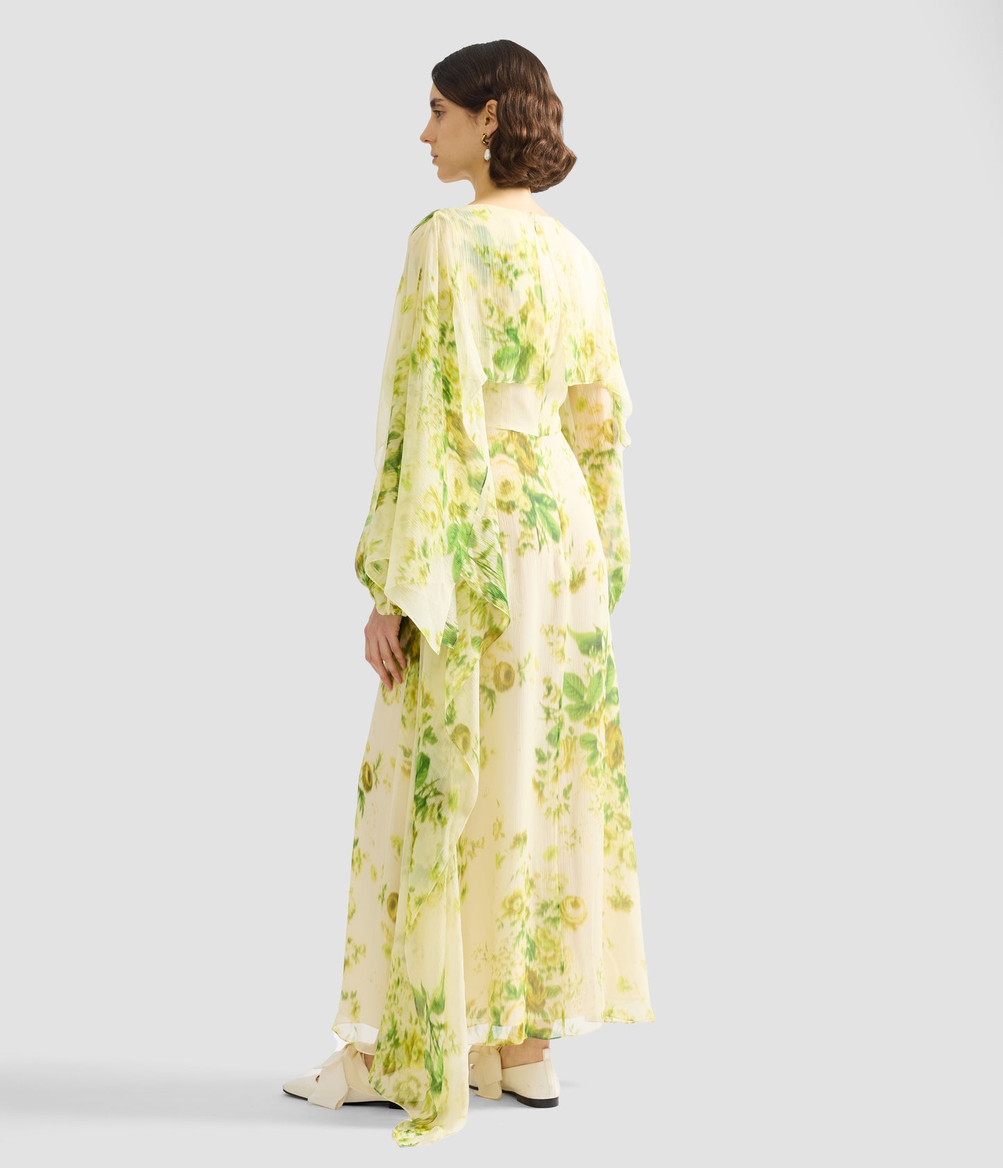 Floral Print Silk Creponne Draped Midi Dress