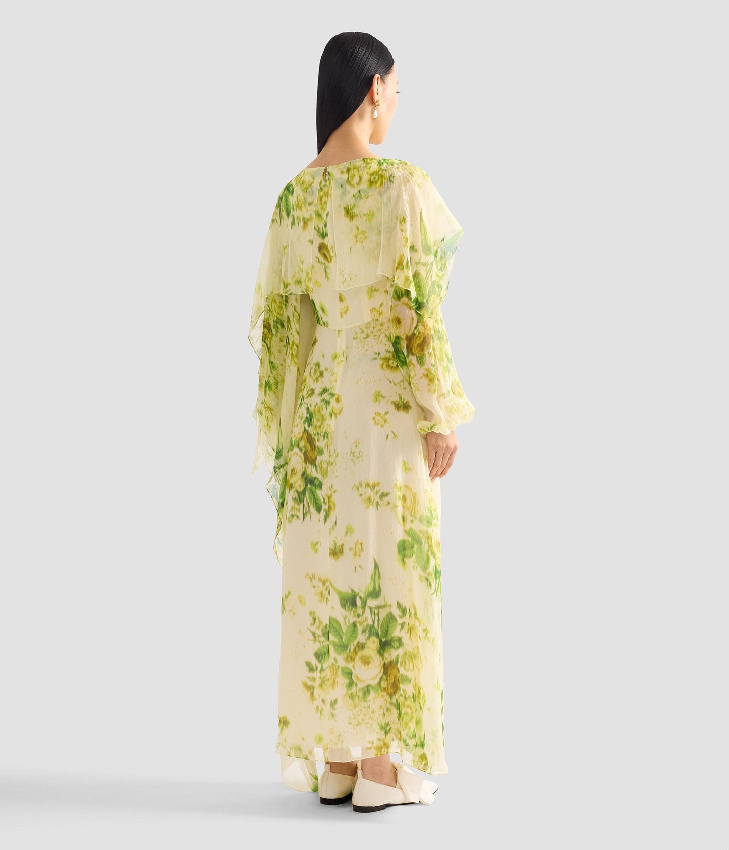 Floral Print Silk Creponne Draped Midi Dress