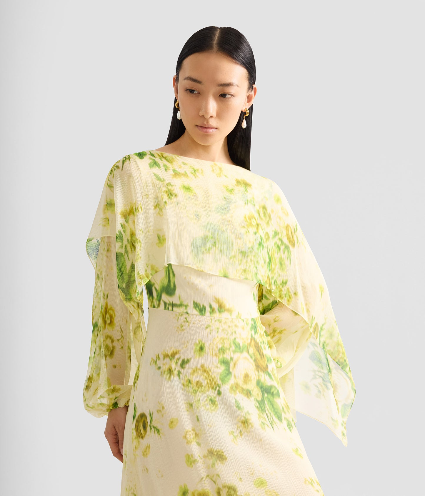 Floral Print Silk Creponne Draped Midi Dress