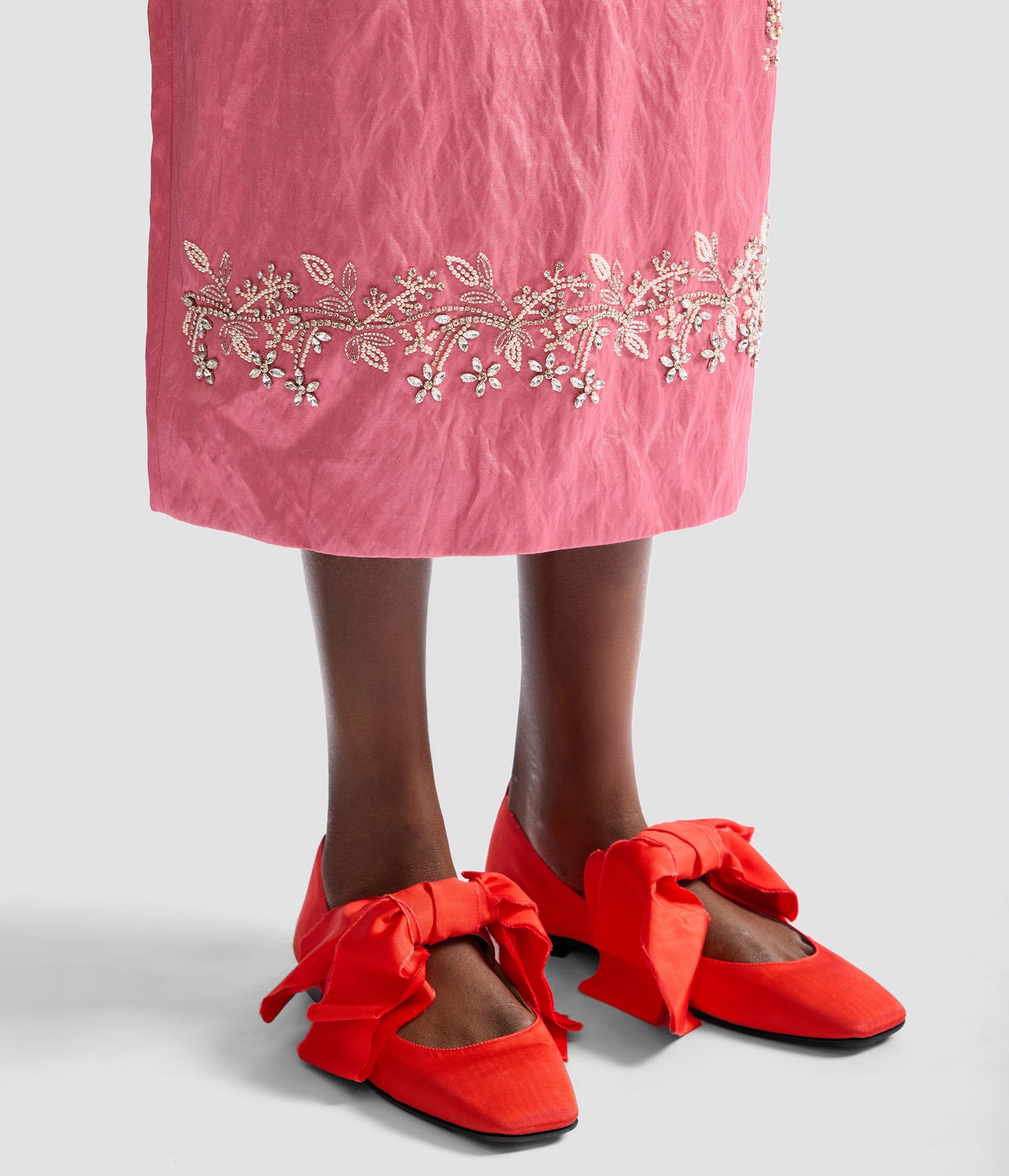 Embellished Textured Satin Midi Pencil Dress