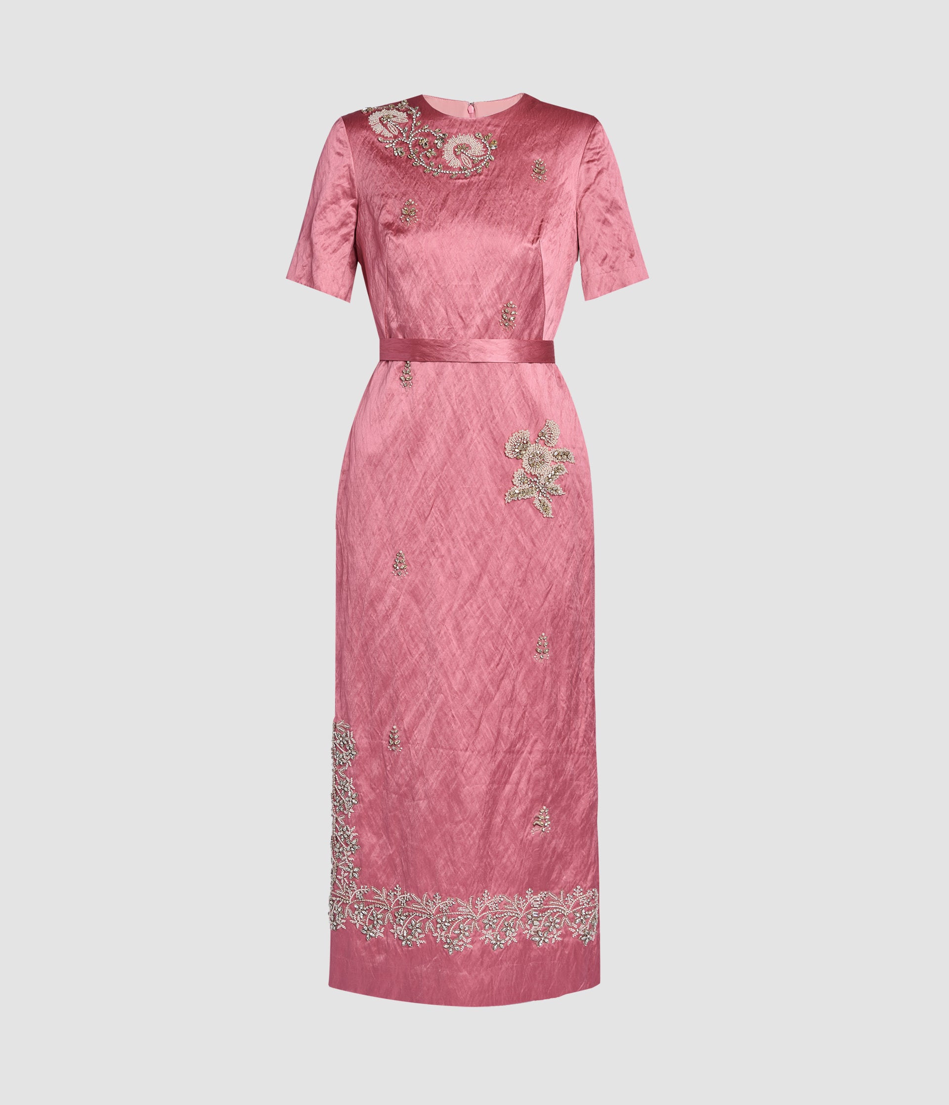 Embellished Textured Satin Midi Pencil Dress