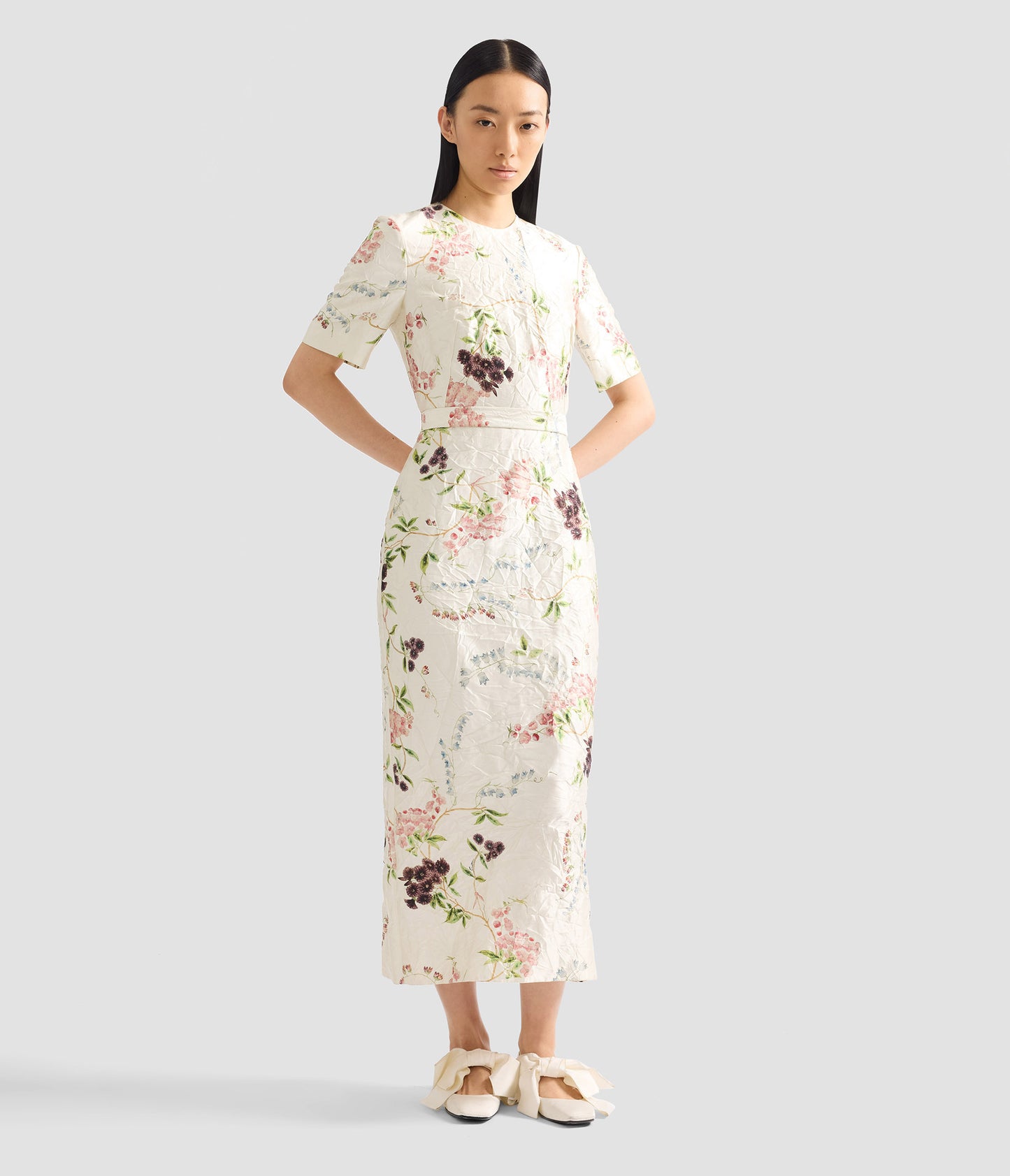 Floral Print Textured Satin Midi Pencil Dress