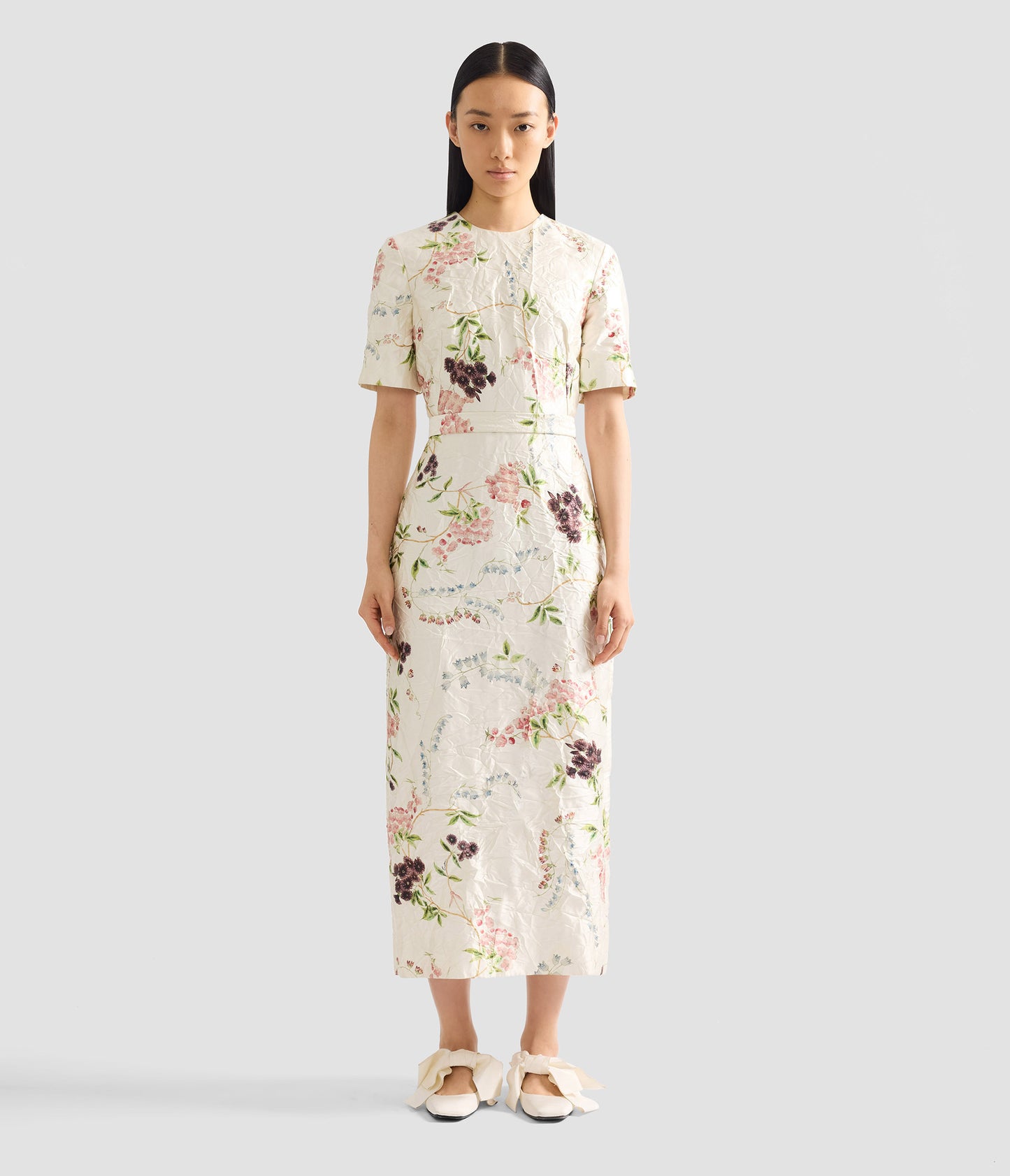 Floral Print Textured Satin Midi Pencil Dress