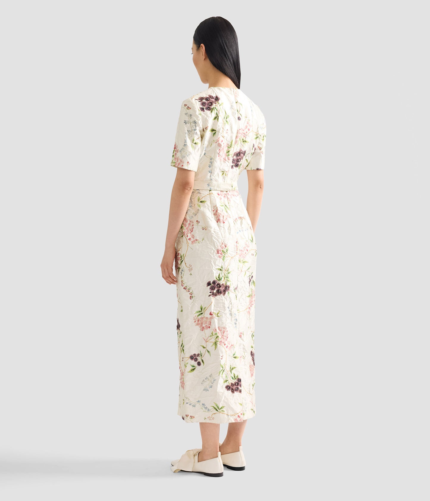 Floral Print Textured Satin Midi Pencil Dress