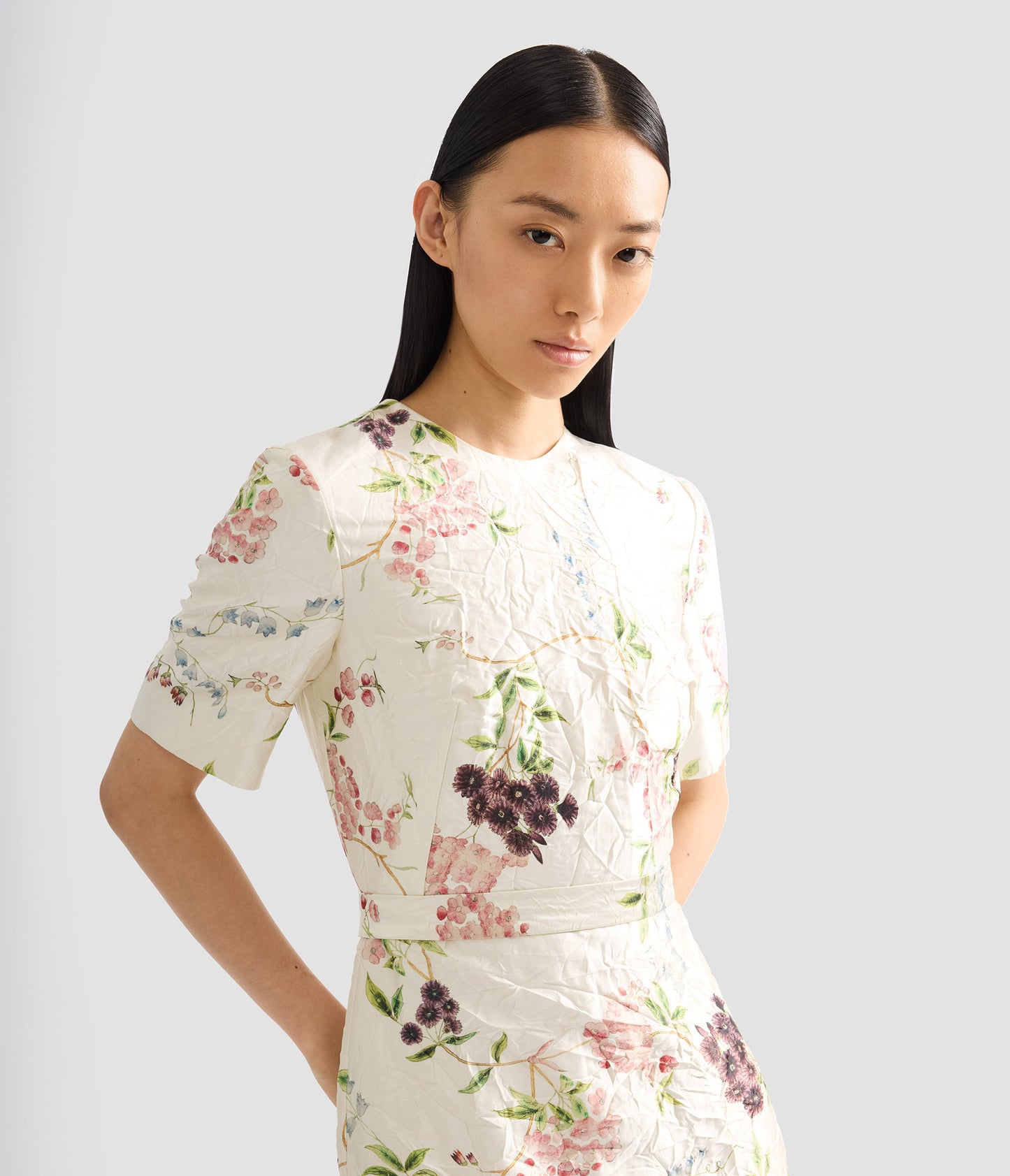 Floral Print Textured Satin Midi Pencil Dress