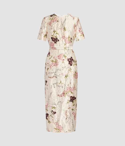 Floral Print Textured Satin Midi Pencil Dress