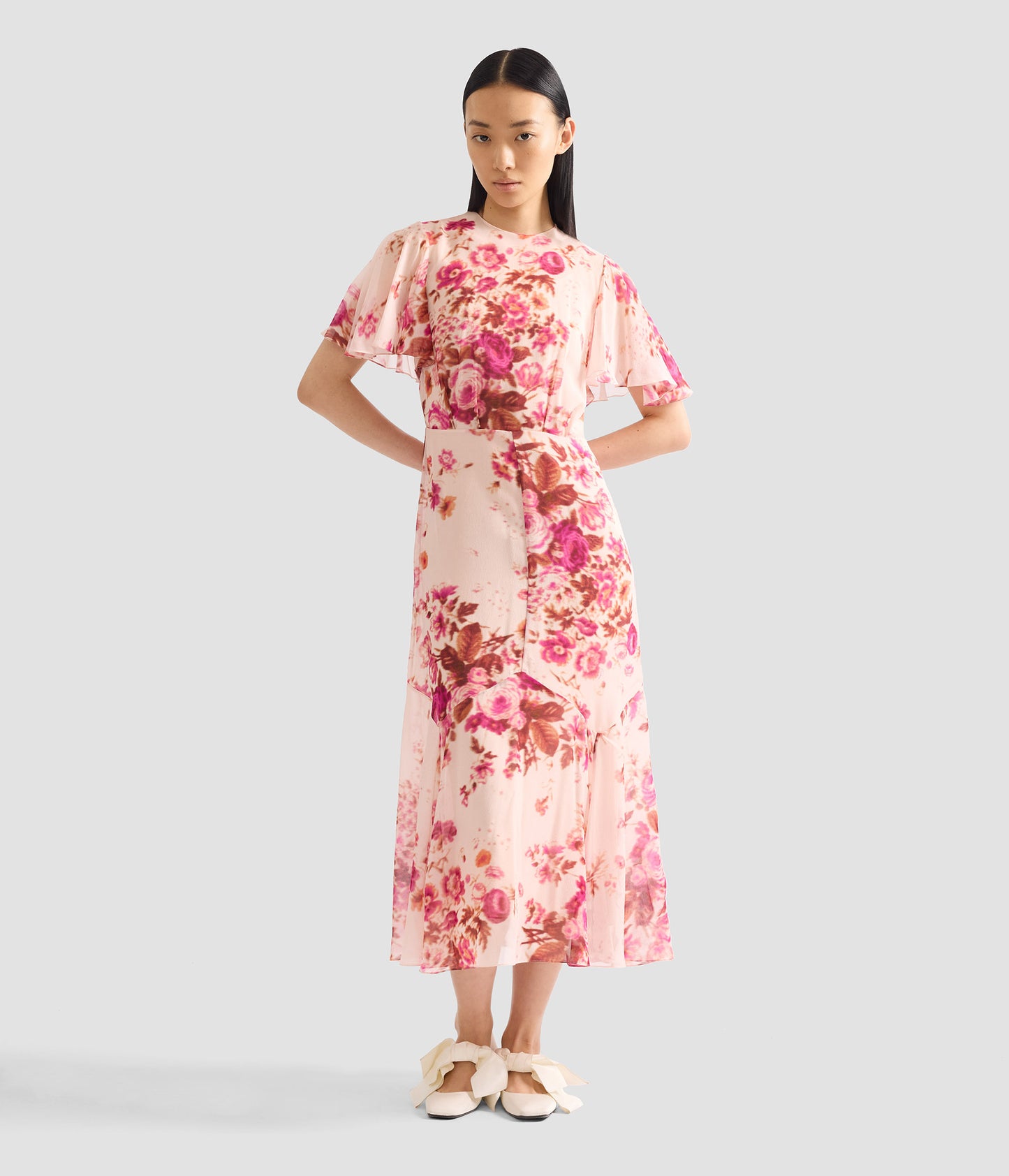 Floral Print Silk Voile Fit And Flared Midi Dress