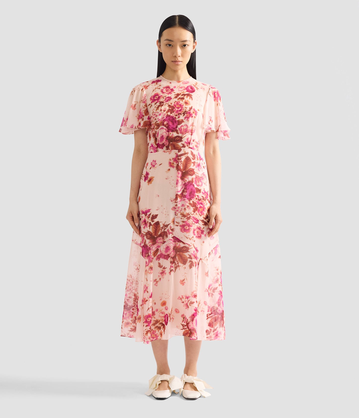 Floral Print Silk Voile Fit And Flared Midi Dress