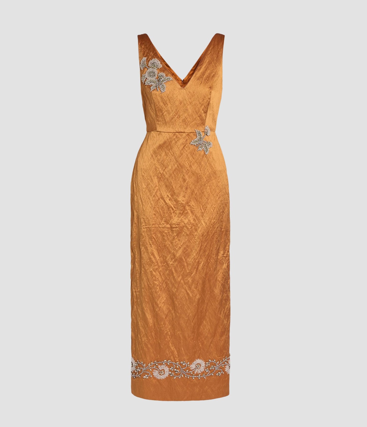 Embellished Textured Satin Midi Pencil Dress