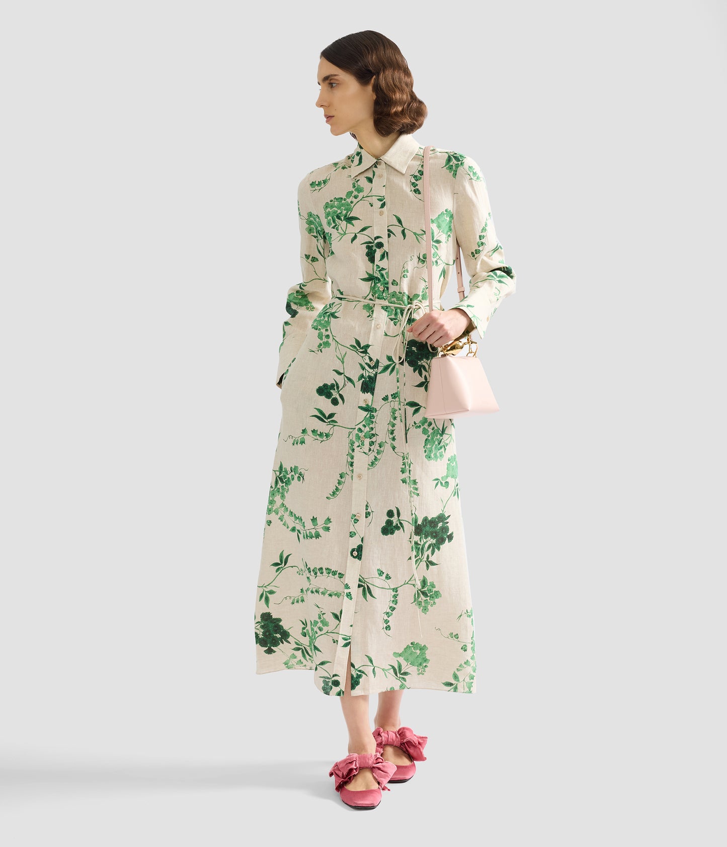 Floral Print Linen Tie-Waisted Midi Dress