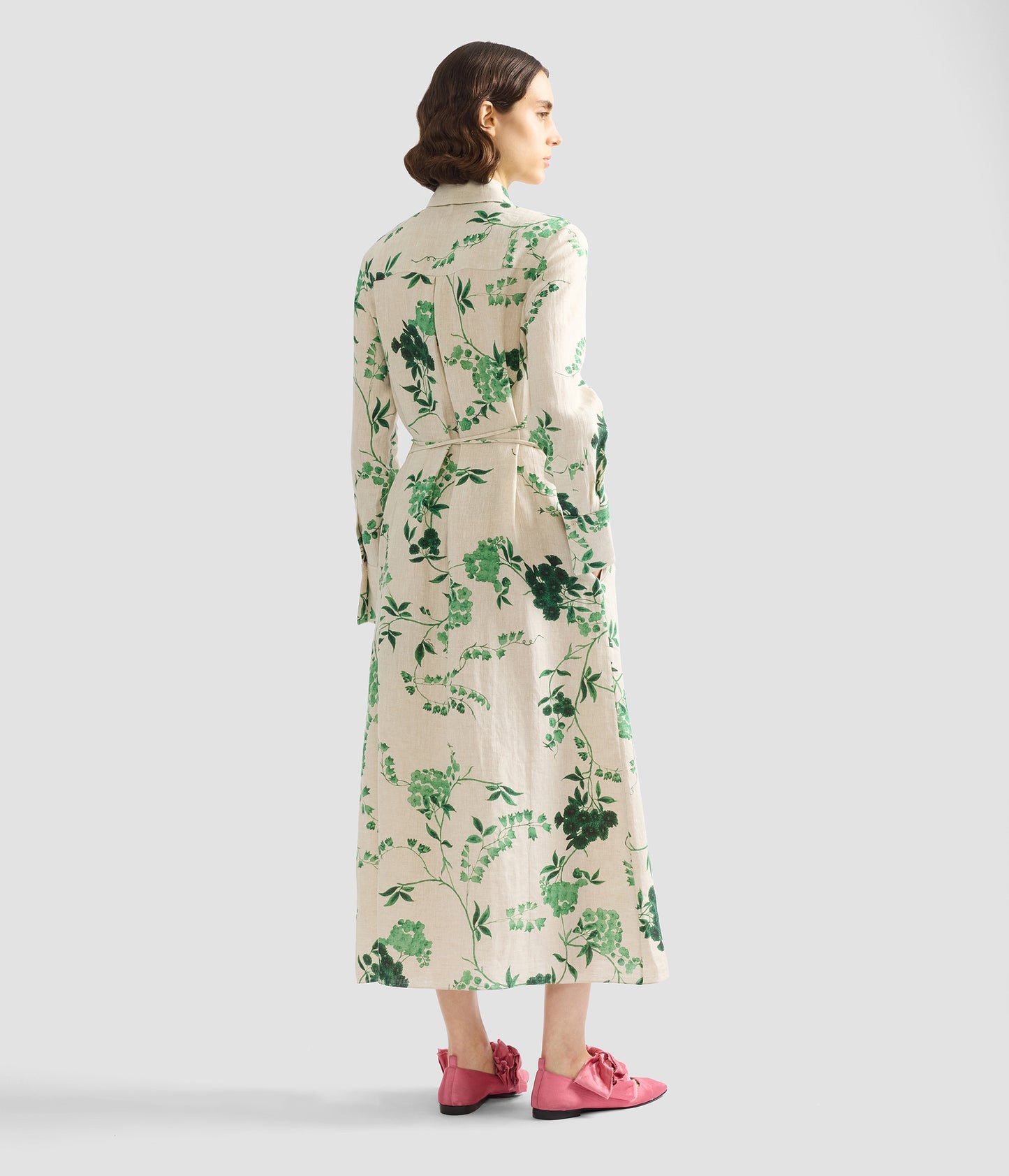 Floral Print Linen Tie-Waisted Midi Dress