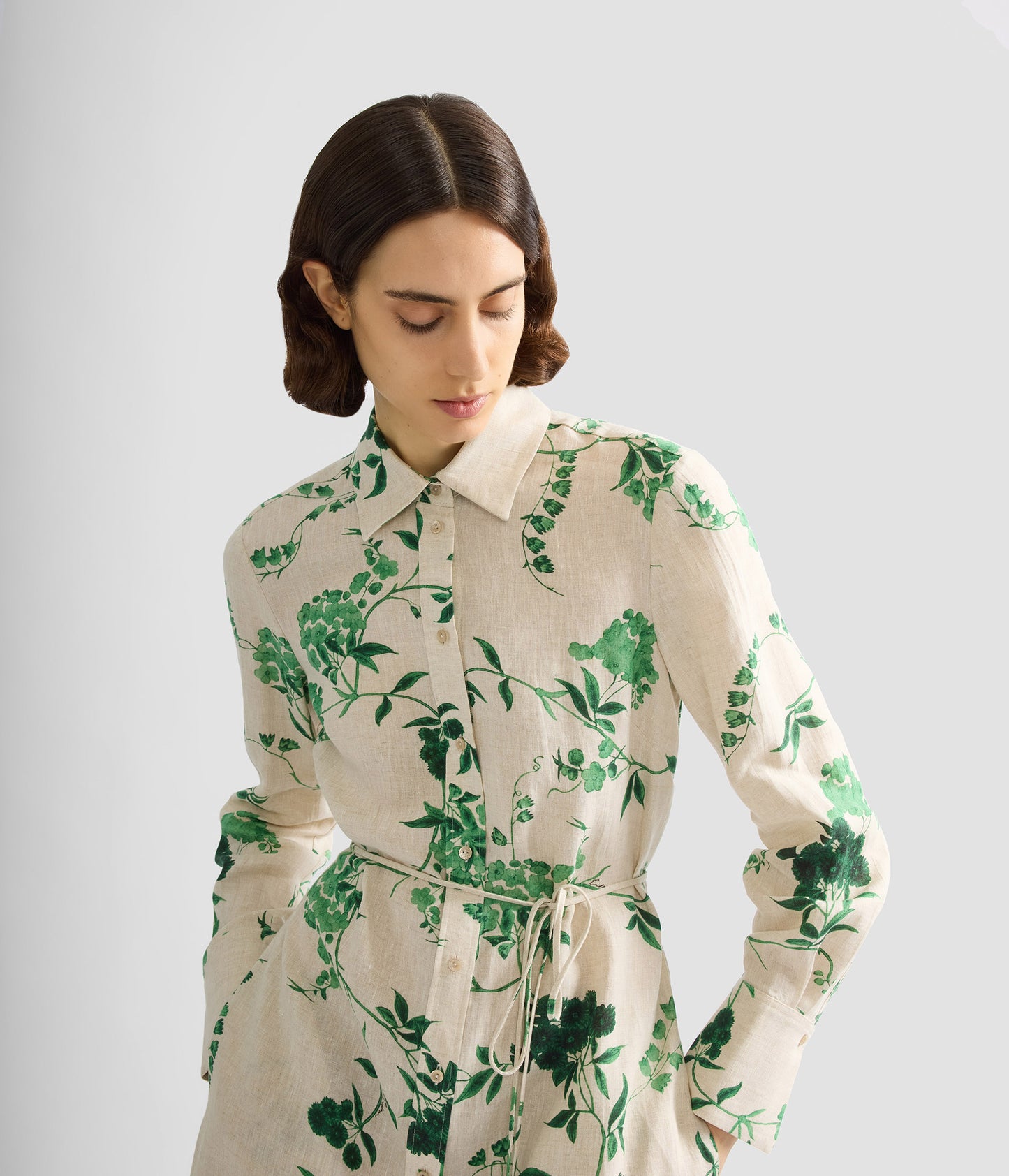 Floral Print Linen Tie-Waisted Midi Dress
