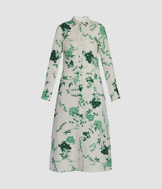 Floral Print Linen Tie-Waisted Midi Dress