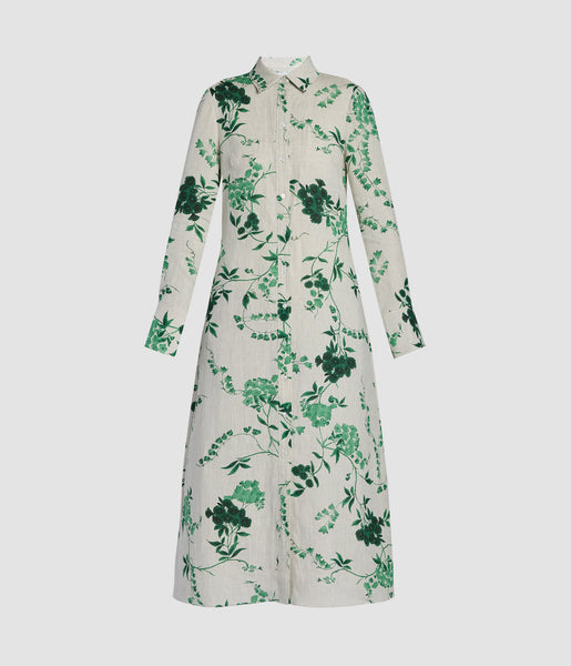 Floral Print Linen Tie-Waisted Midi Dress