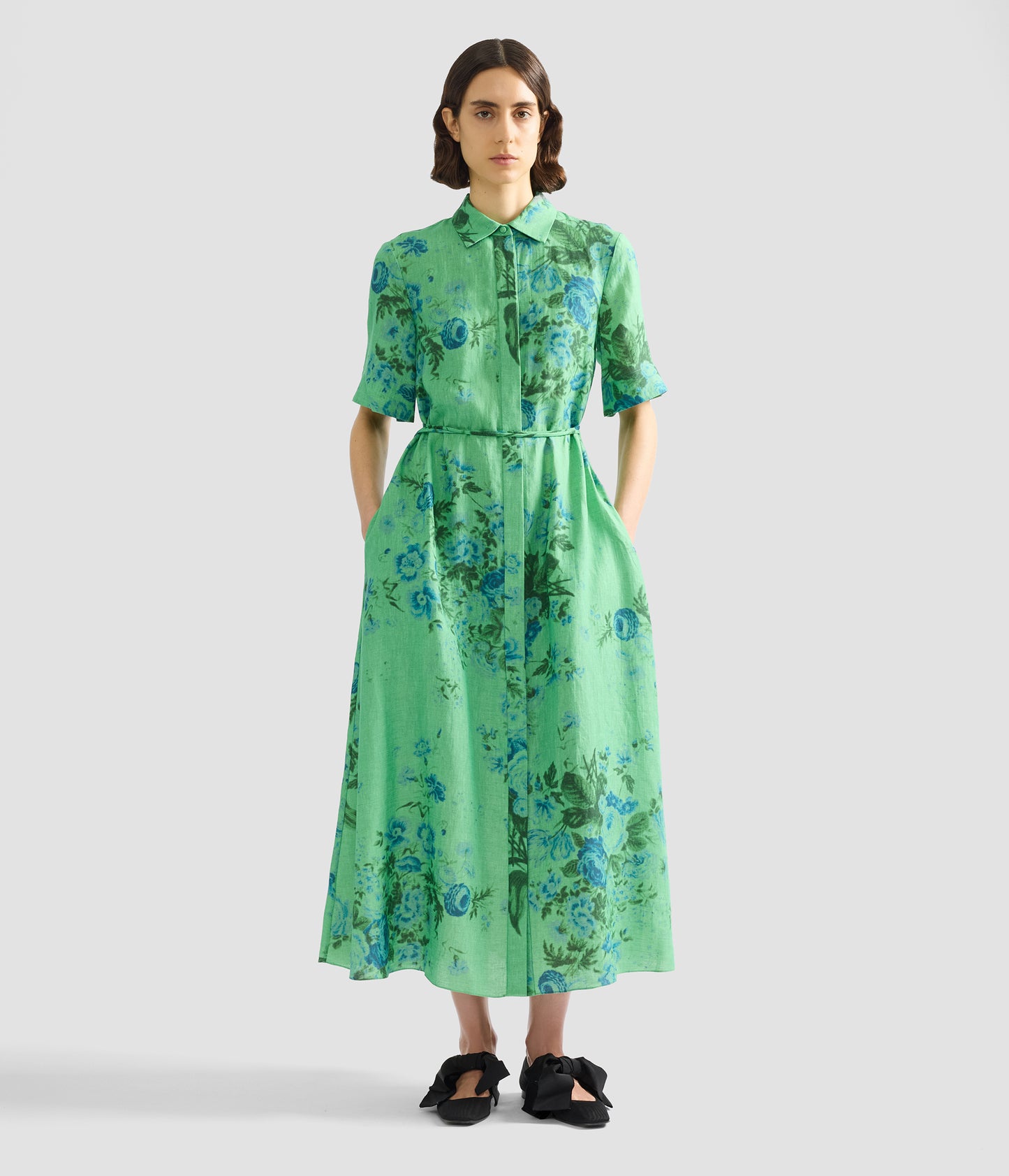 Floral Print Linen Tie-Waist Midi Shirt Dress
