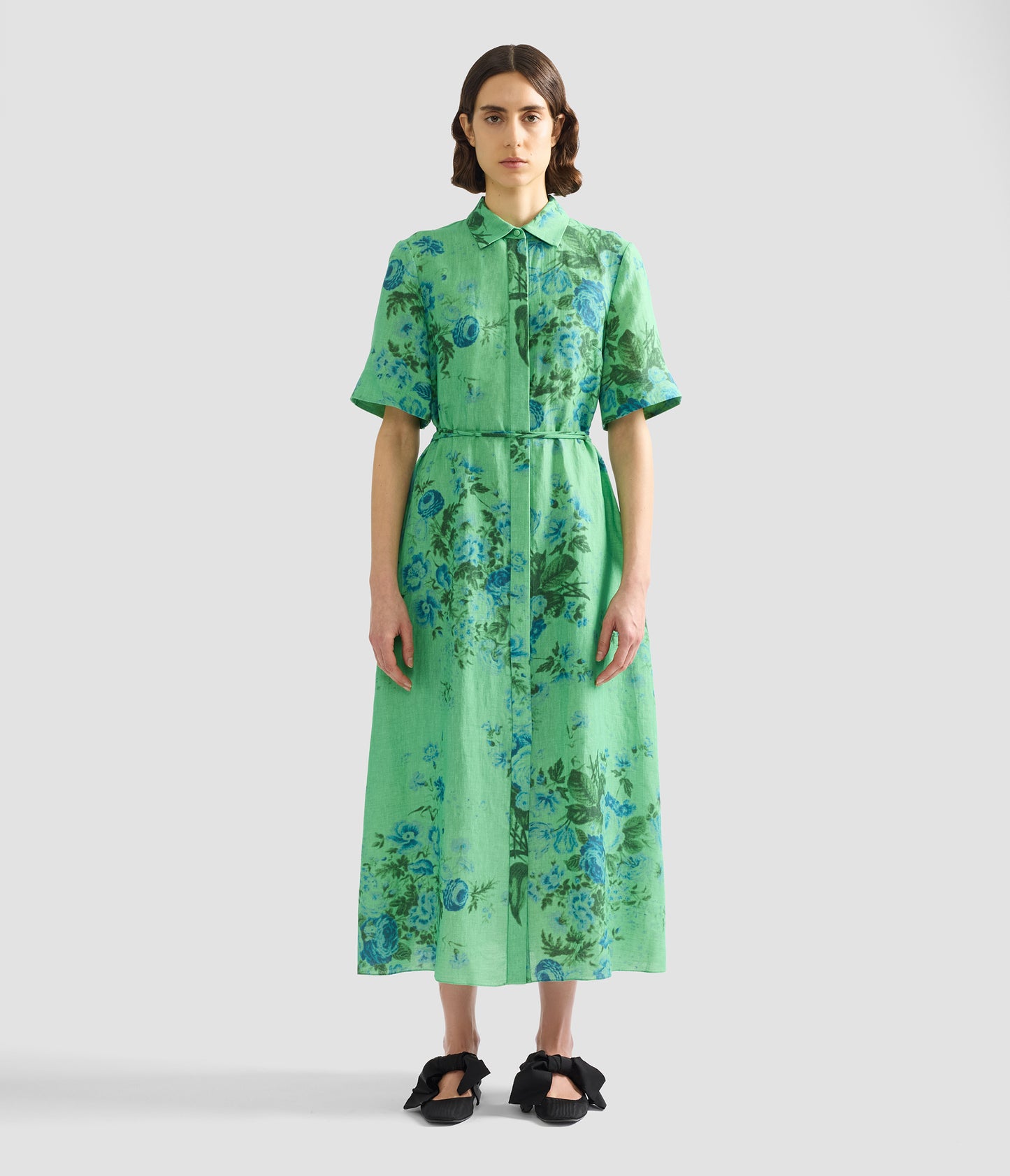 Floral Print Linen Tie-Waist Midi Shirt Dress