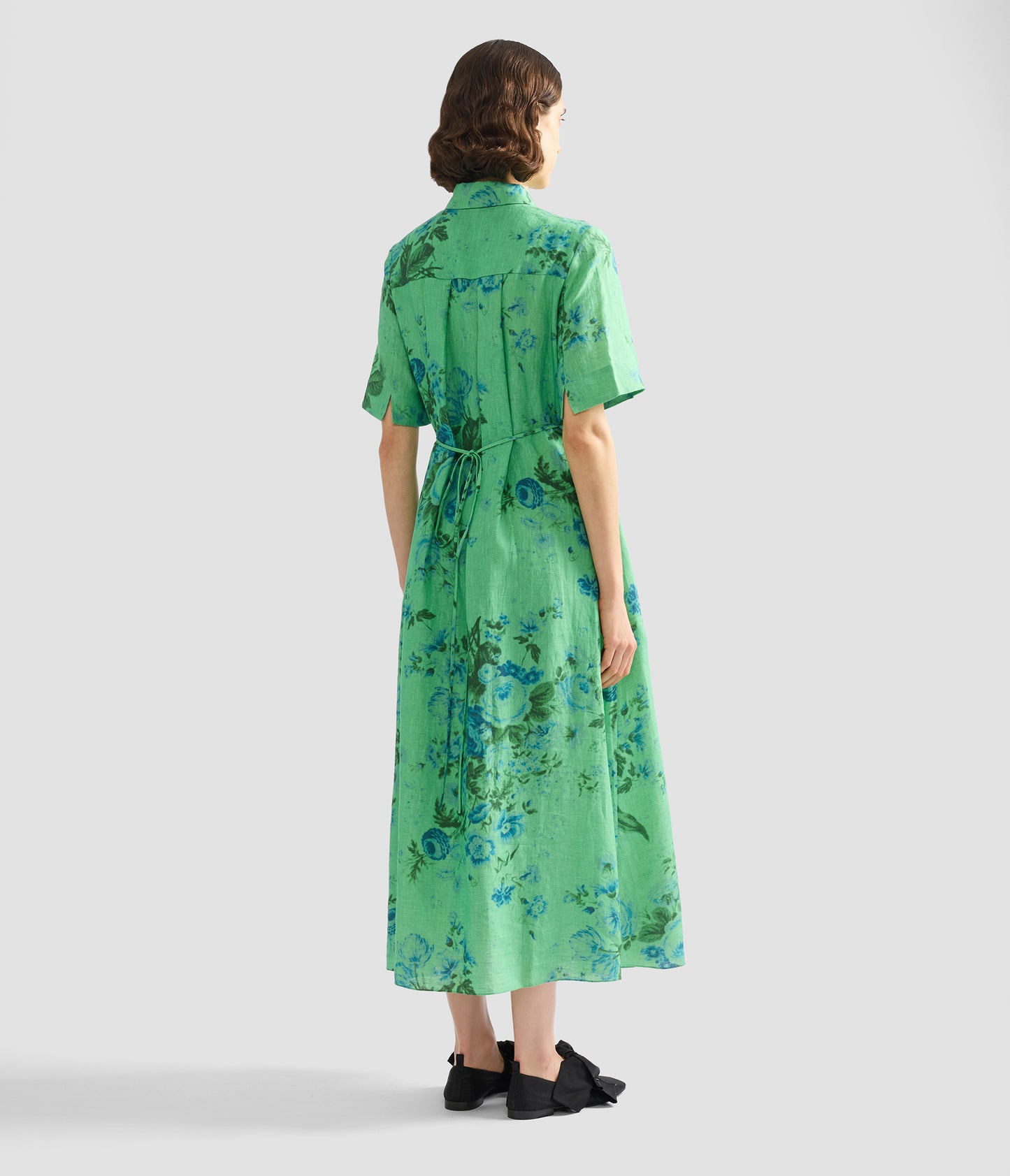Floral Print Linen Tie-Waist Midi Shirt Dress