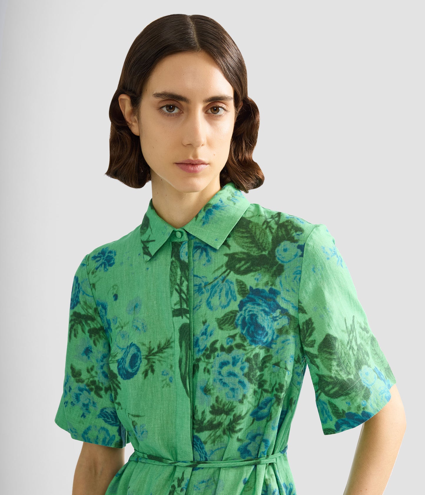 Floral Print Linen Tie-Waist Midi Shirt Dress