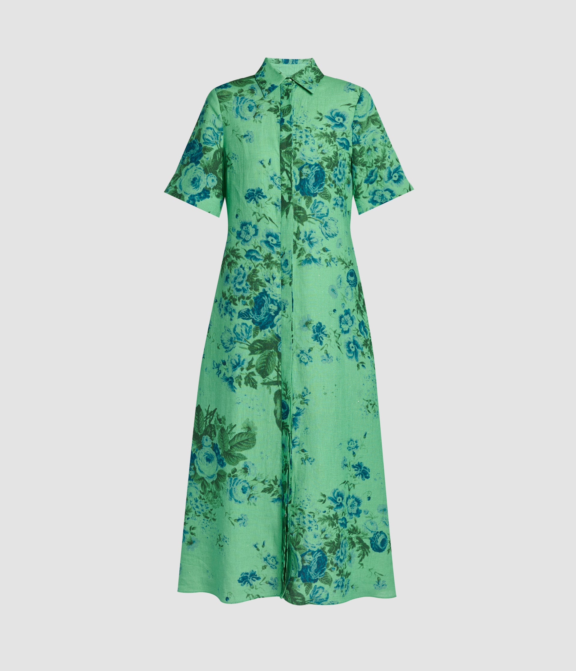 Floral Print Linen Tie-Waist Midi Shirt Dress