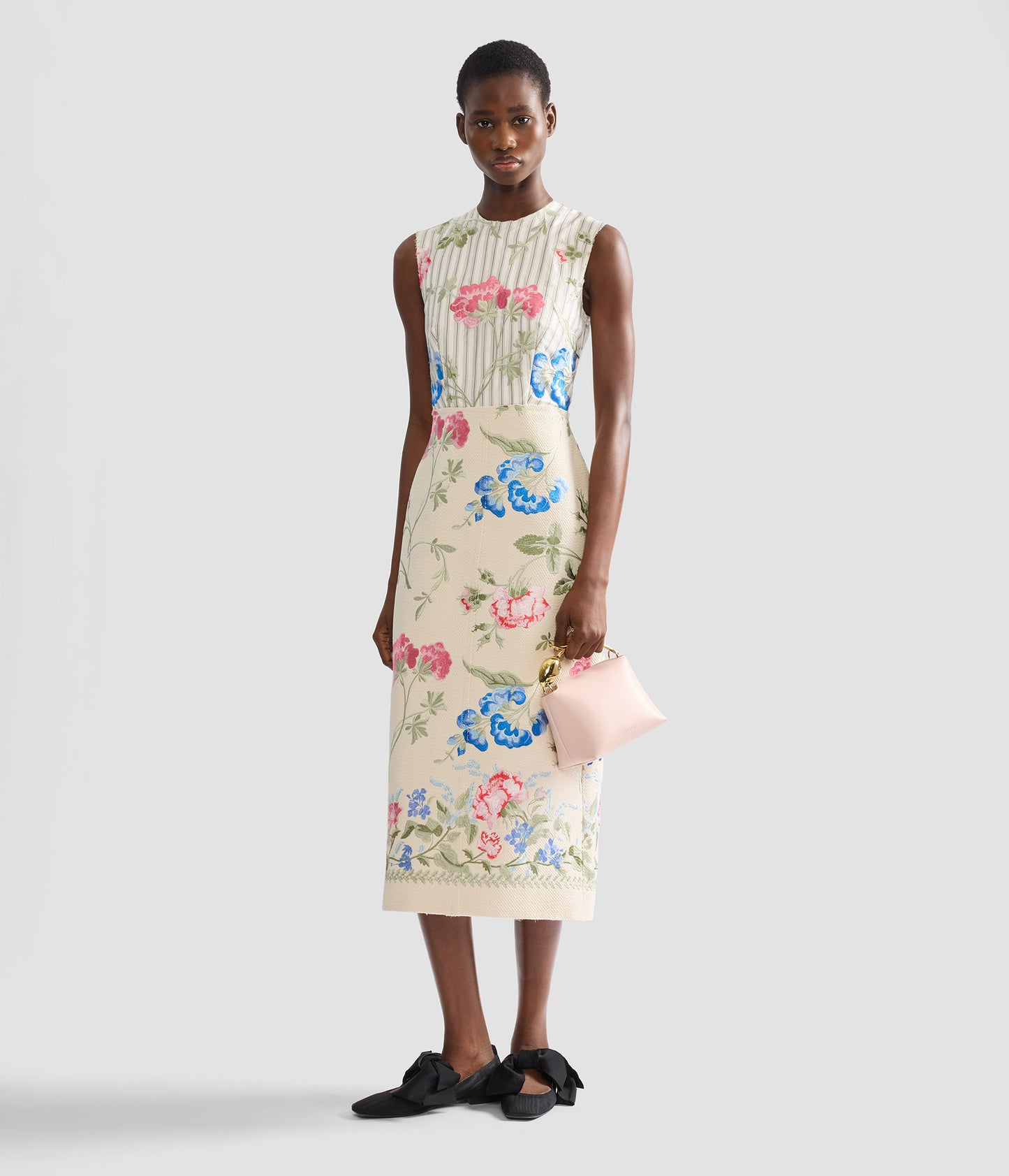 Embroidered Cotton Twill Pencil Midi Dress