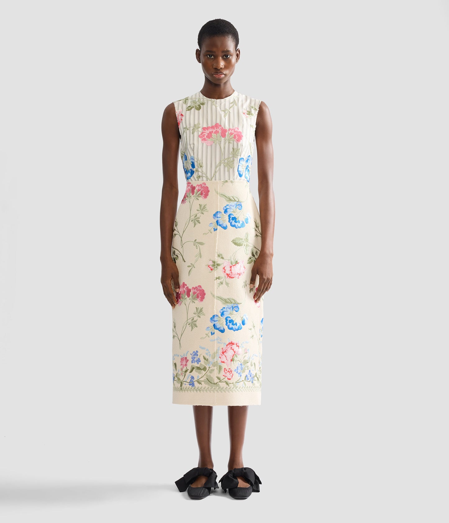Embroidered Cotton Twill Pencil Midi Dress