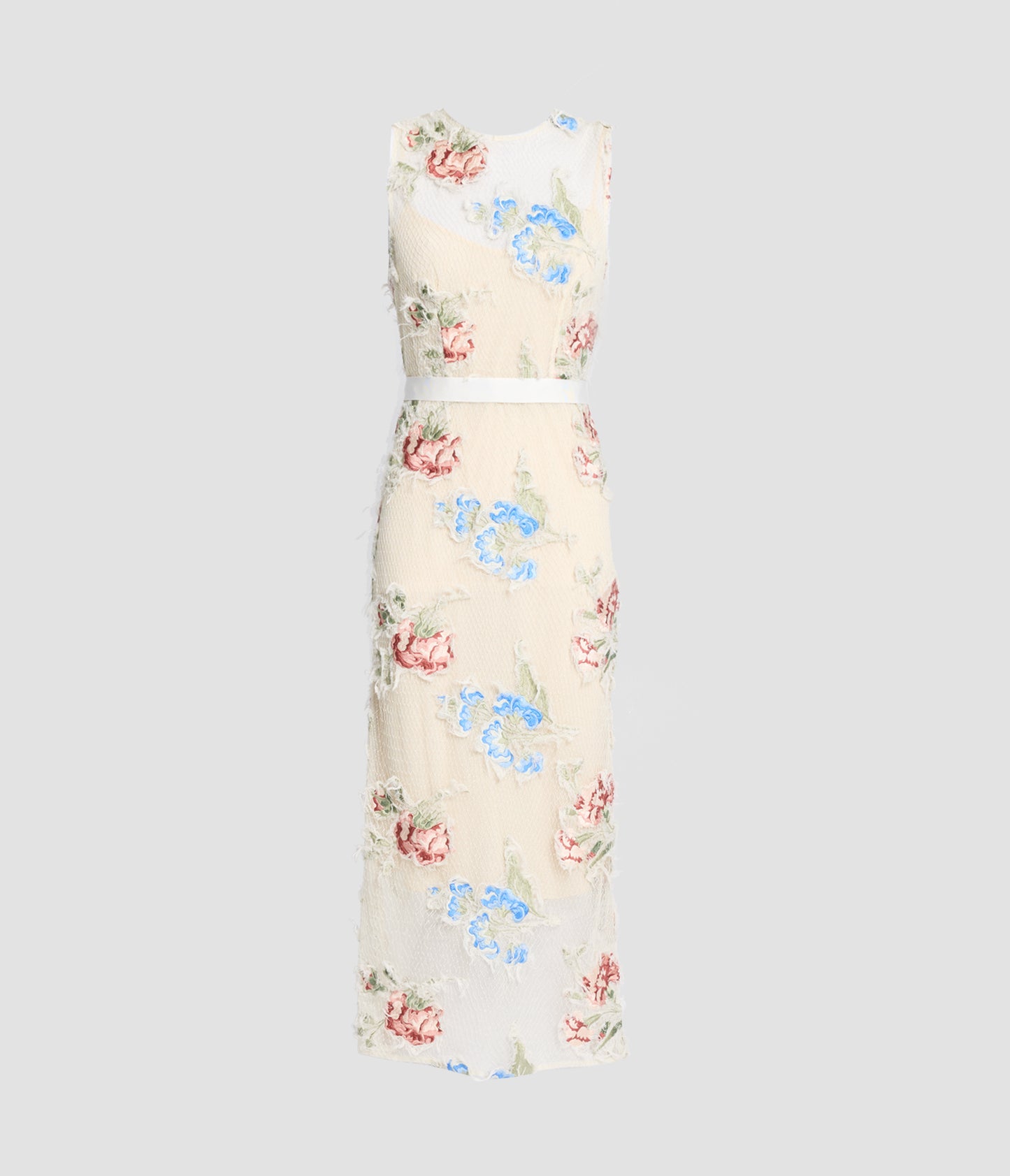 Embroidered Shredded Mesh Pencil Midi Dress
