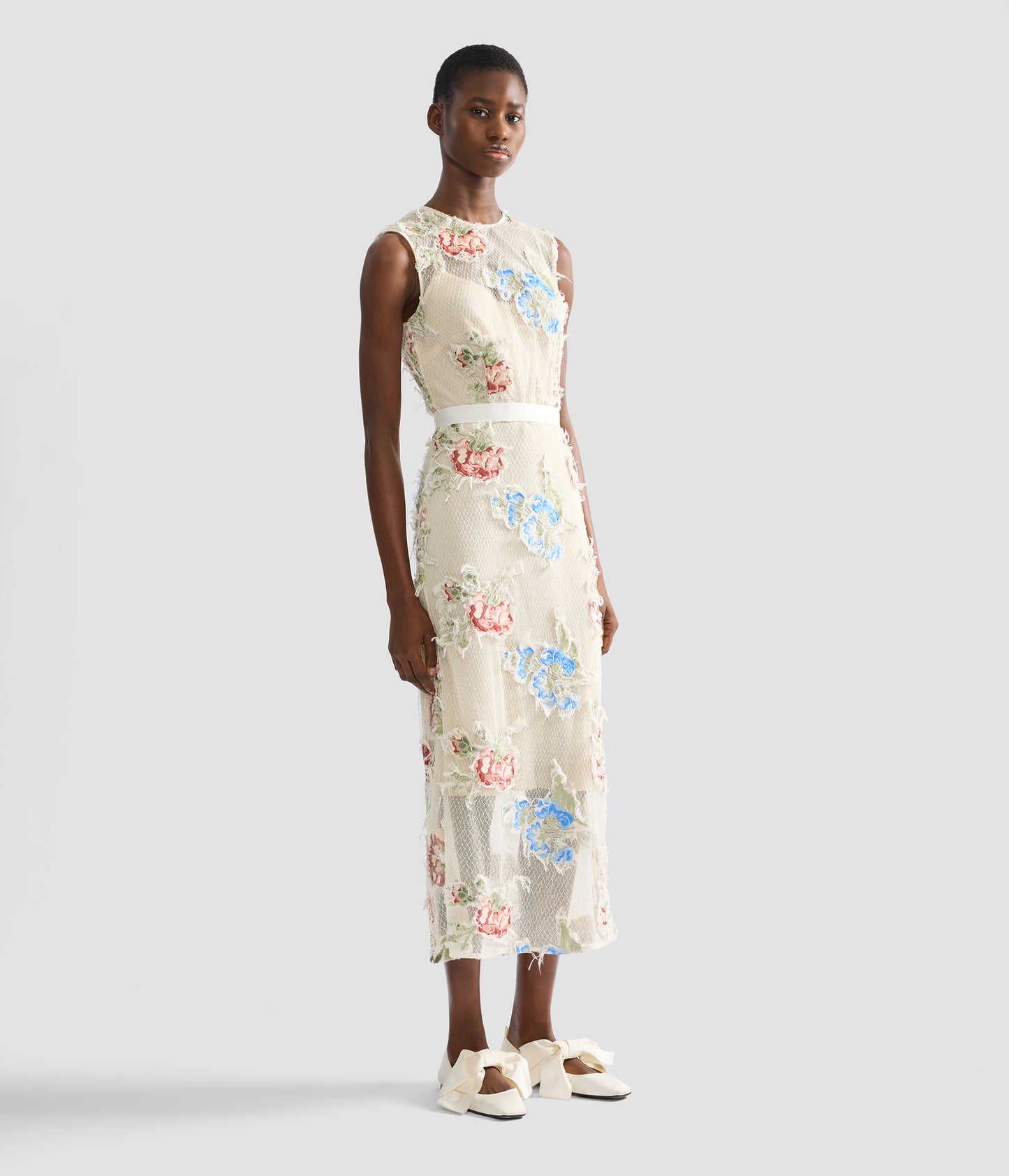Embroidered Shredded Mesh Pencil Midi Dress