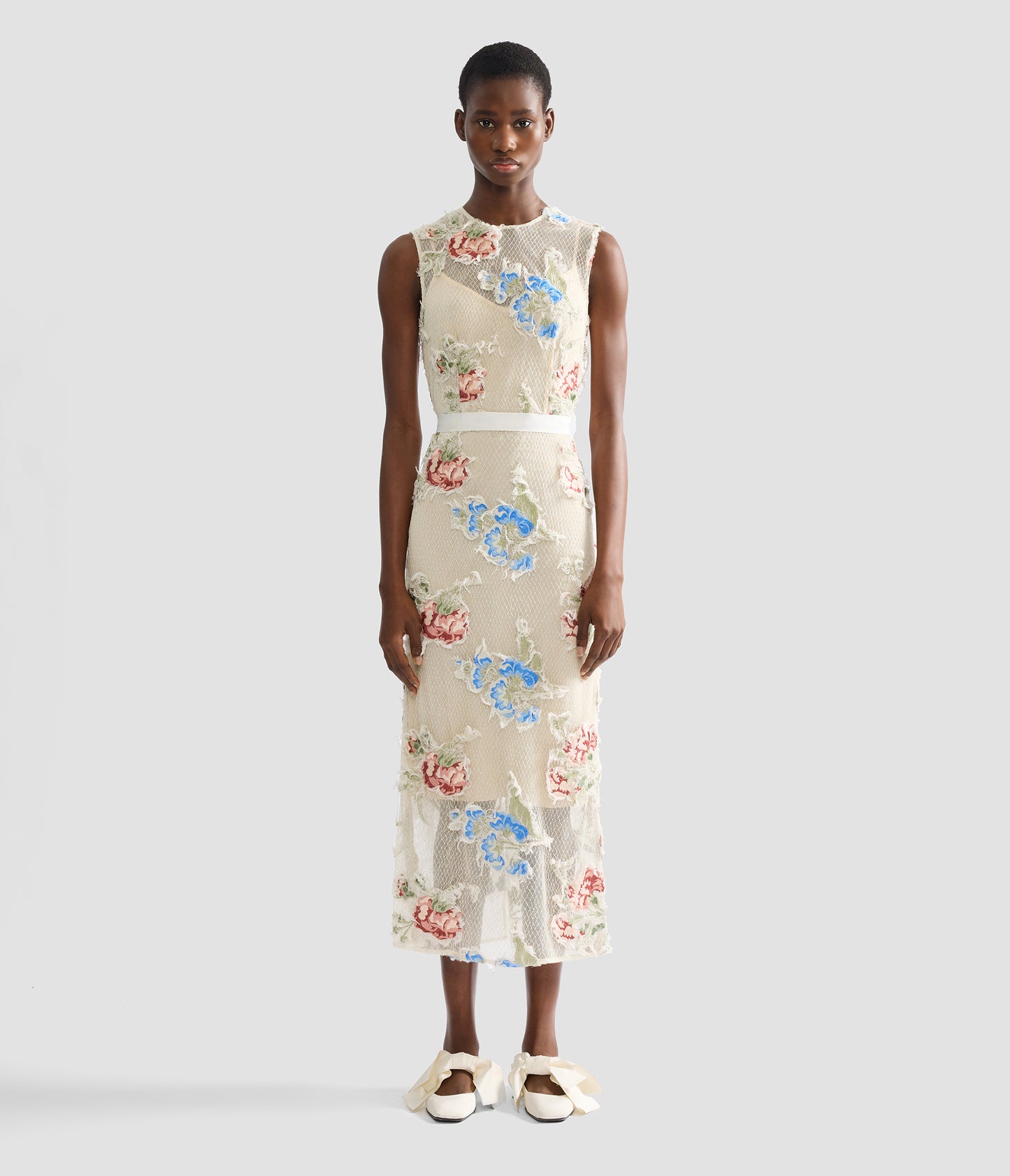 Embroidered Shredded Mesh Pencil Midi Dress