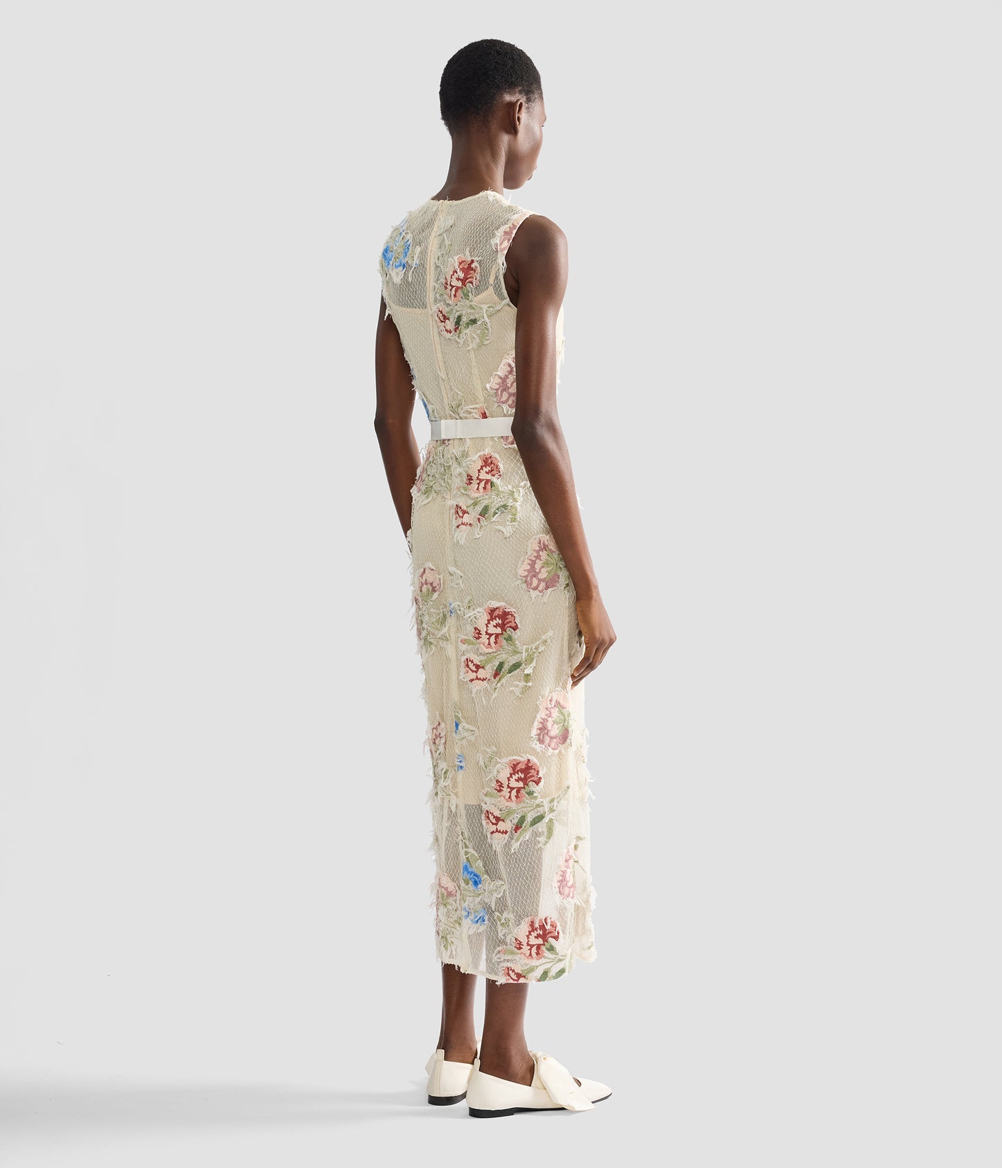 Embroidered Shredded Mesh Pencil Midi Dress