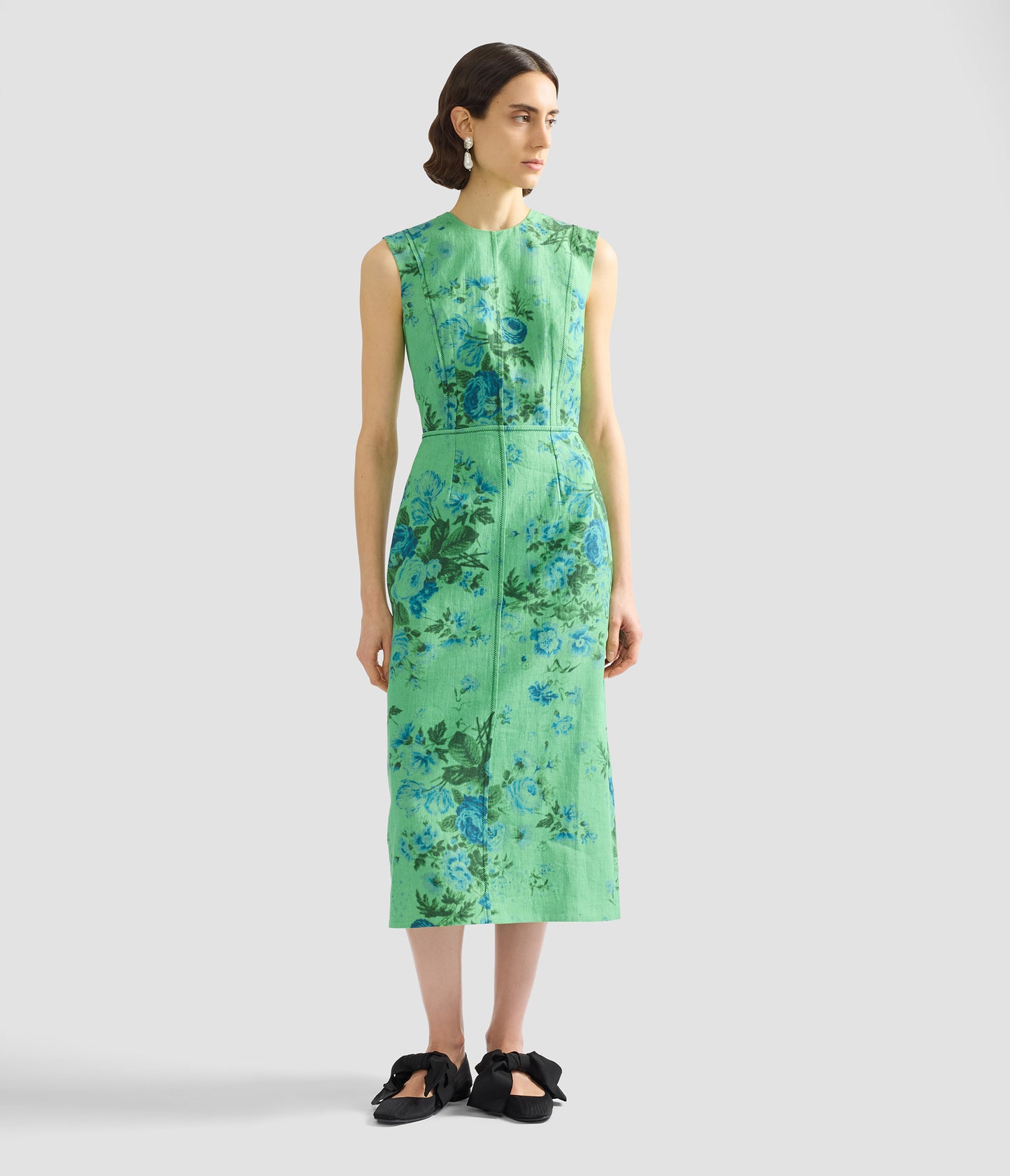 Floral Print Linen Pencil Midi Dress