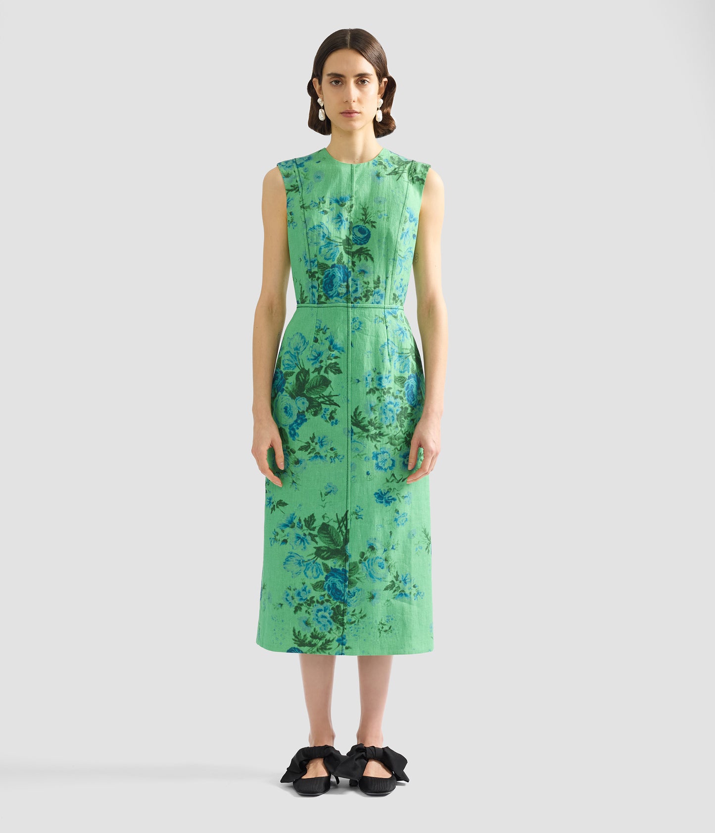 Floral Print Linen Pencil Midi Dress