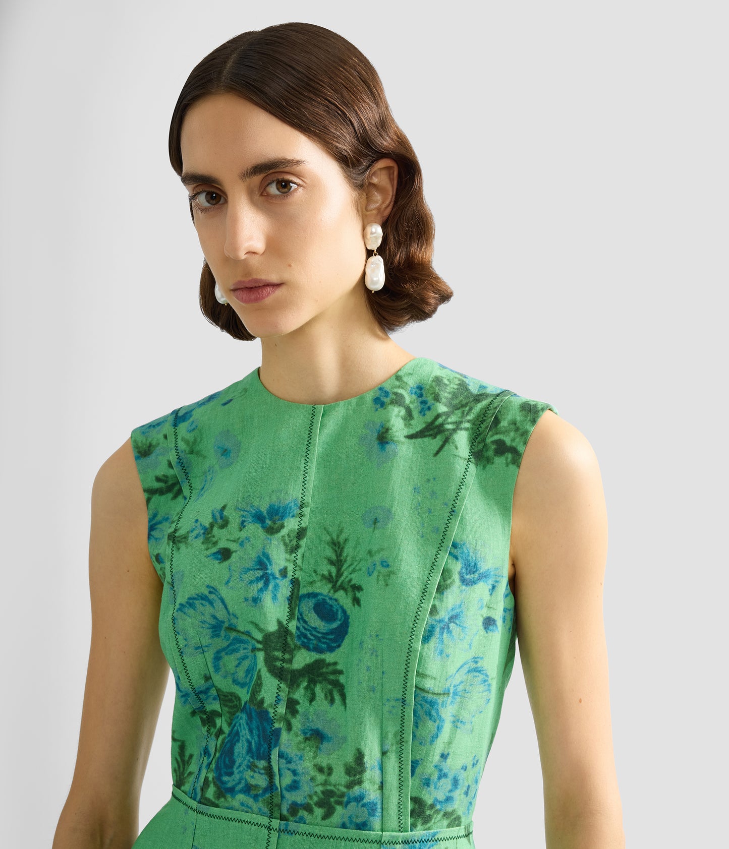 Floral Print Linen Pencil Midi Dress