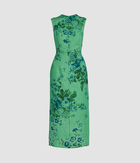 Floral Print Linen Pencil Midi Dress