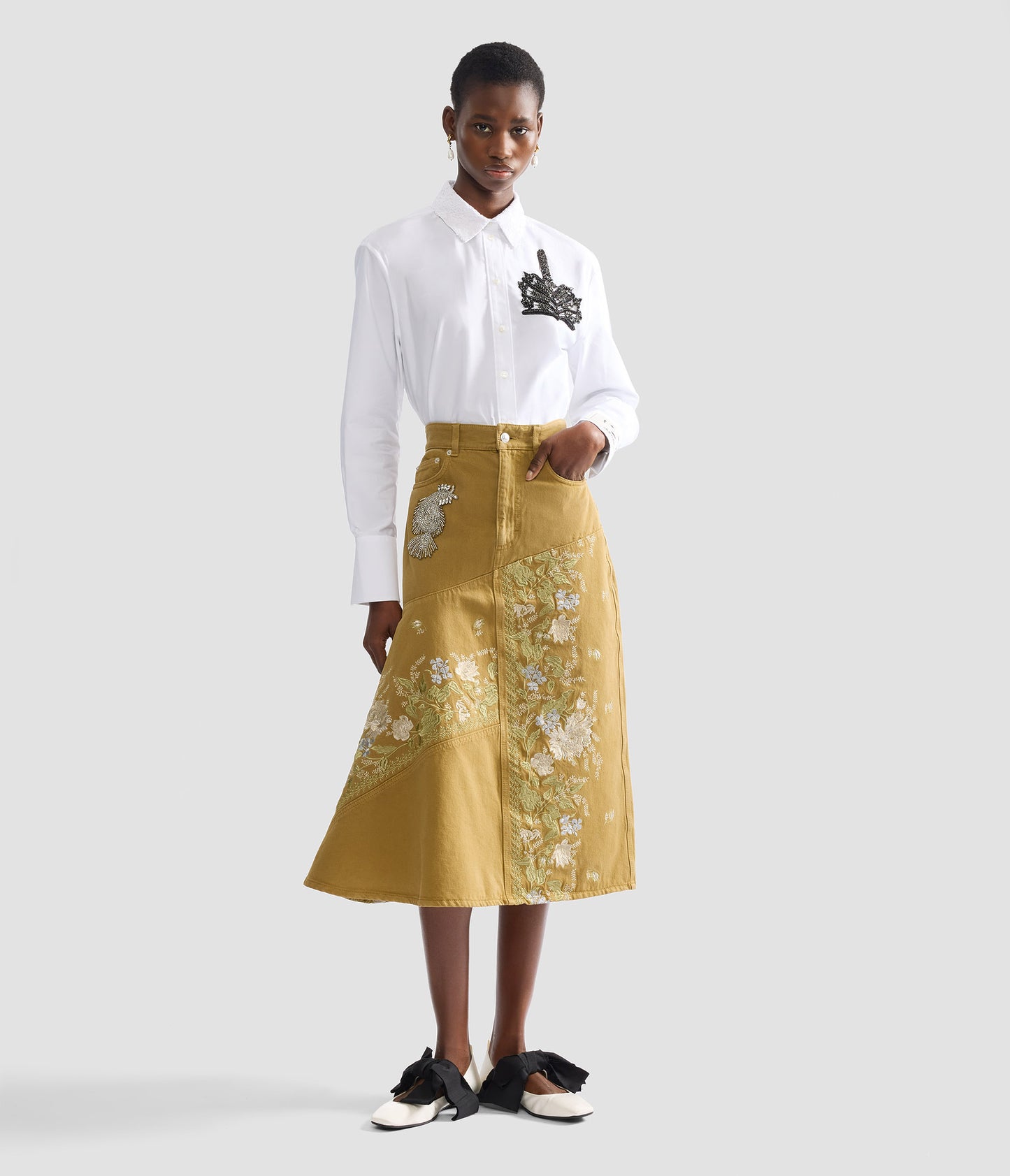 Denim Embroidered Midi Skirt