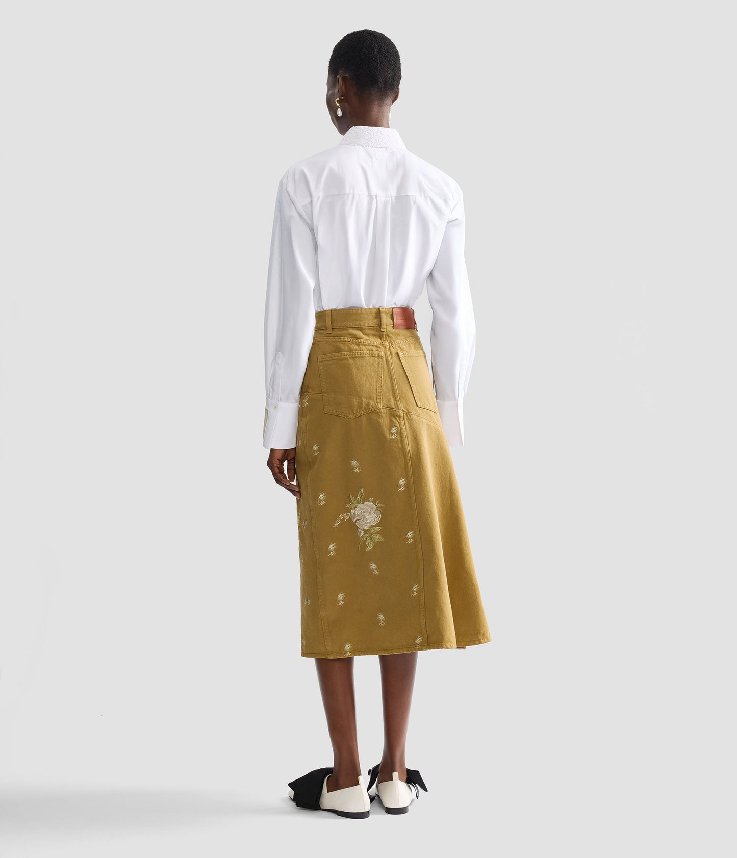 Denim Embroidered Midi Skirt