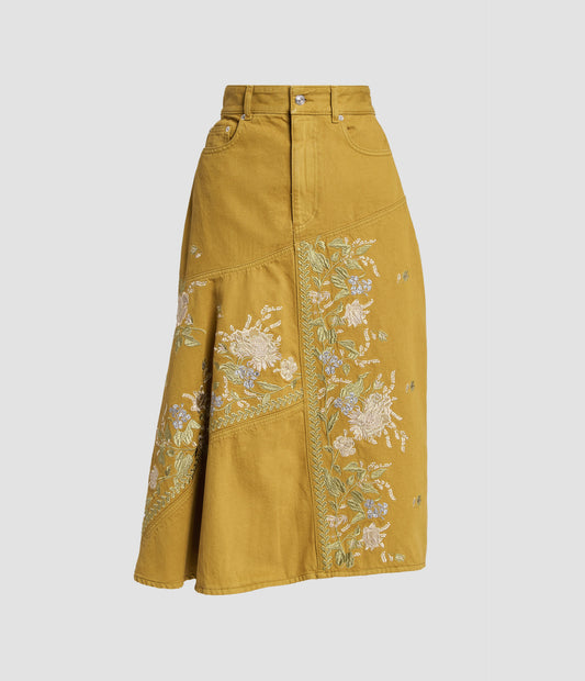 Denim Embroidered Midi Skirt