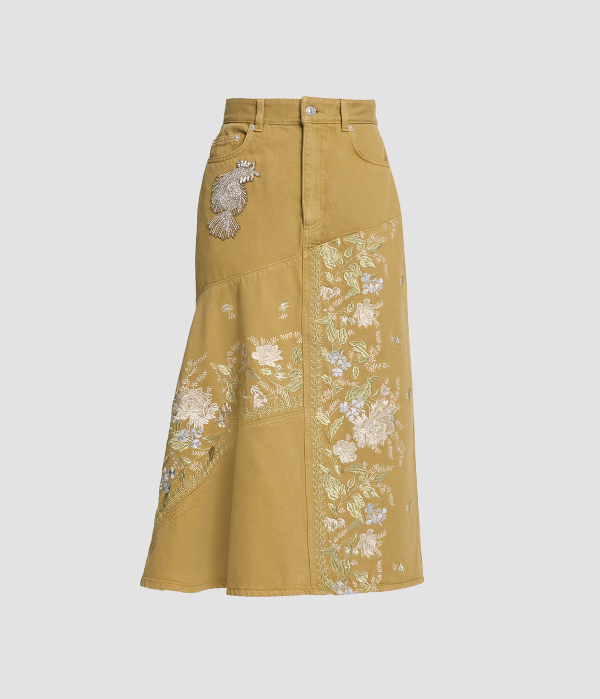 Denim Embroidered Midi Skirt