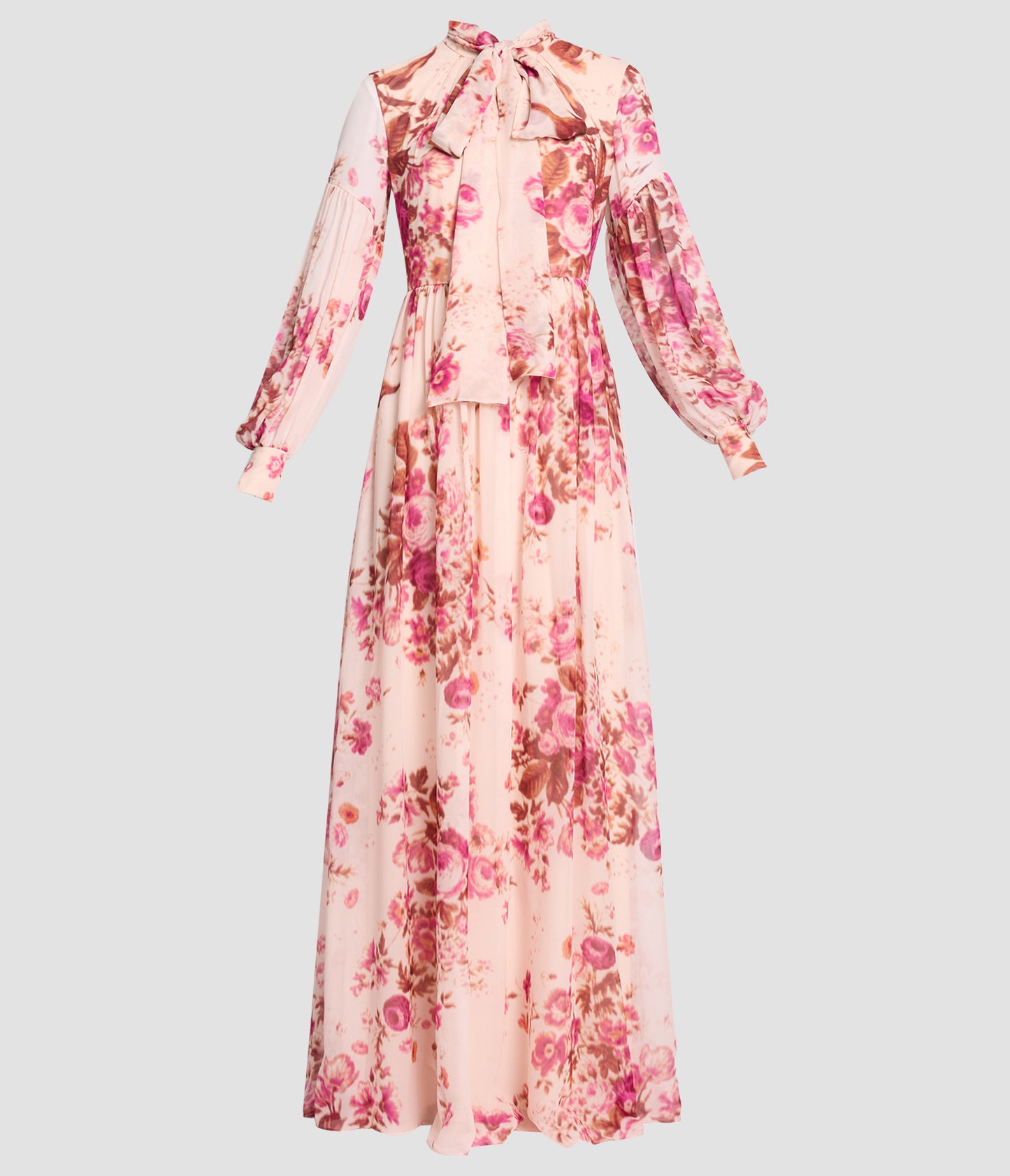 Floral Print Silk Voile Long Sleeve Gown