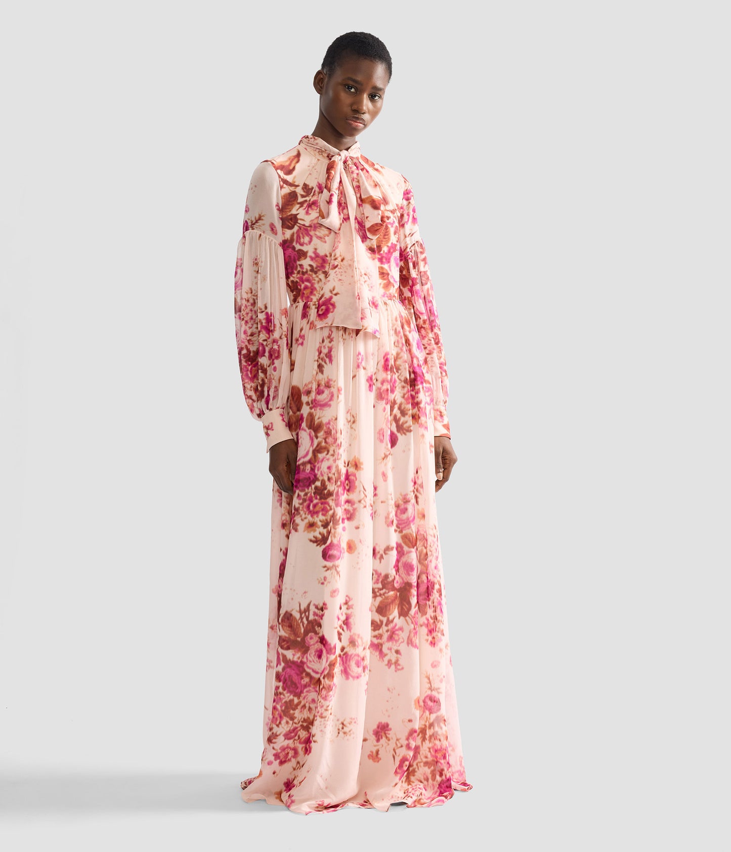 Floral Print Silk Voile Long Sleeve Gown