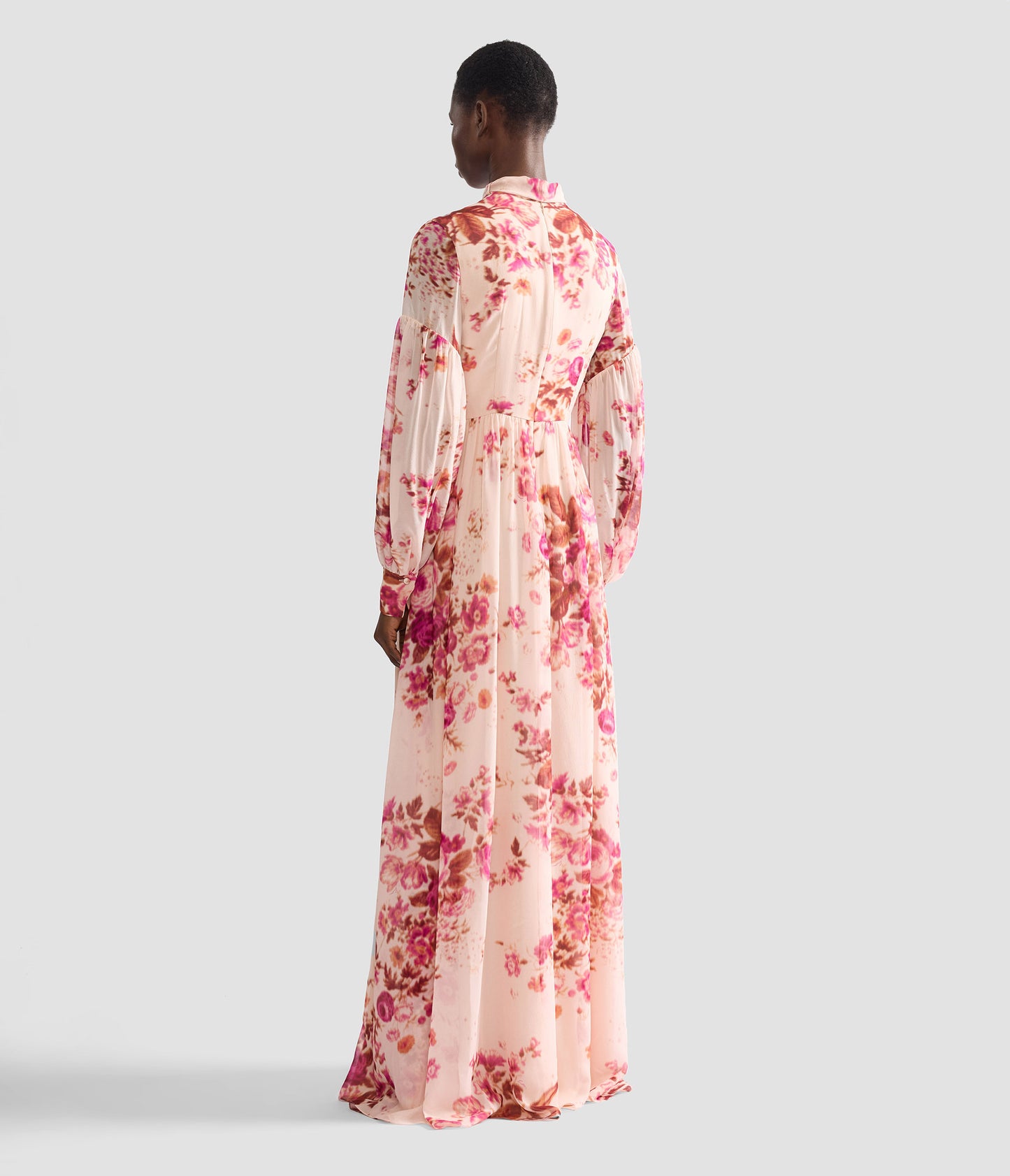 Floral Print Silk Voile Long Sleeve Gown