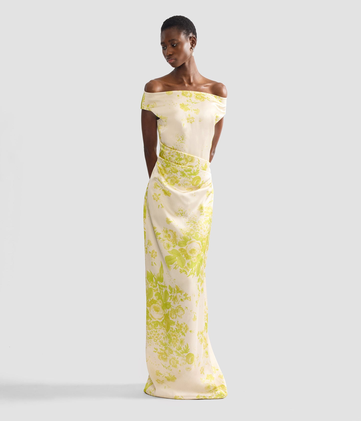 Floral Print Duchess Slashed Neckline Gown