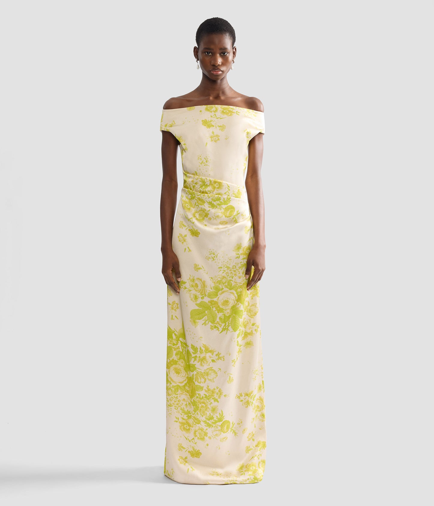 Floral Print Duchess Slashed Neckline Gown