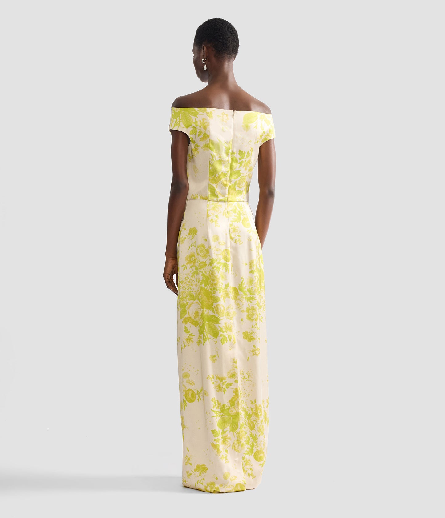 Floral Print Duchess Slashed Neckline Gown