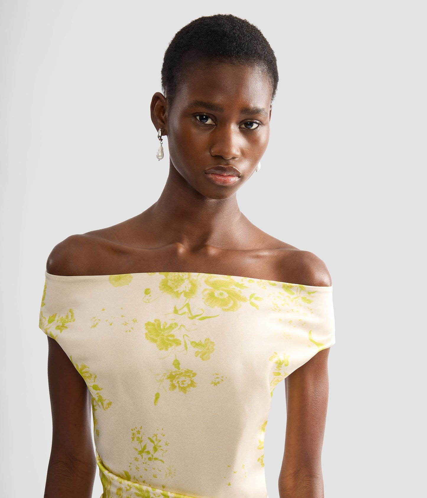 Floral Print Duchess Slashed Neckline Gown