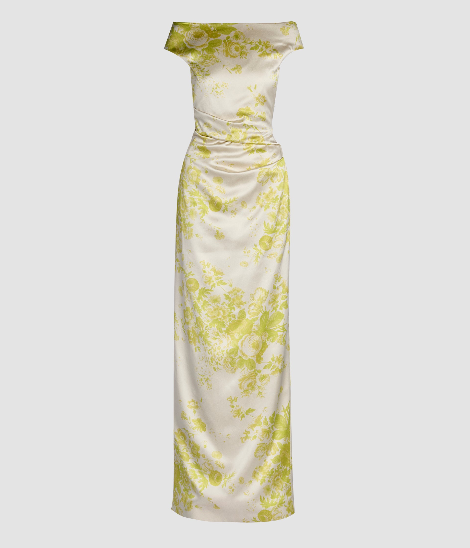 Floral Print Duchess Slashed Neckline Gown