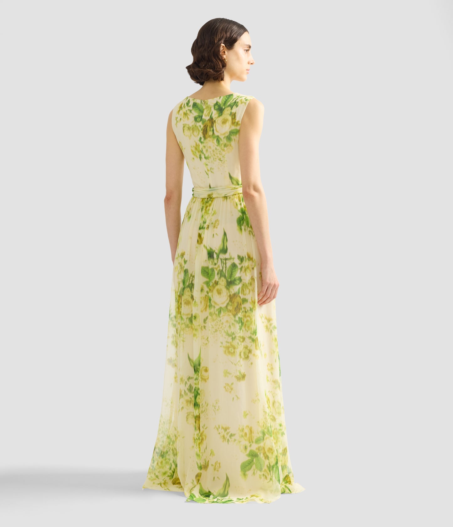 Floral Print Silk Creponne Sleeveless Gown