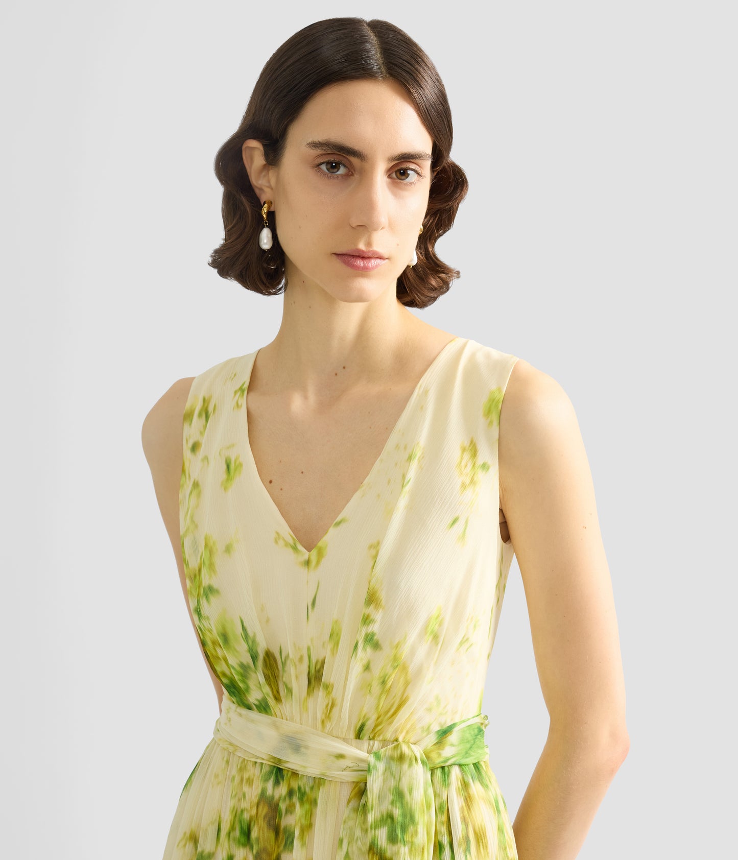 Floral Print Silk Creponne Sleeveless Gown