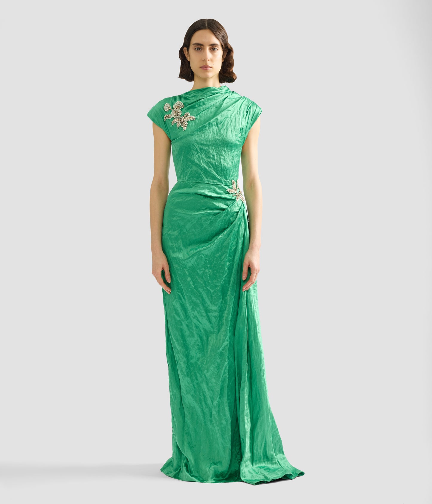 Embellished Textured Satin Draped Gown