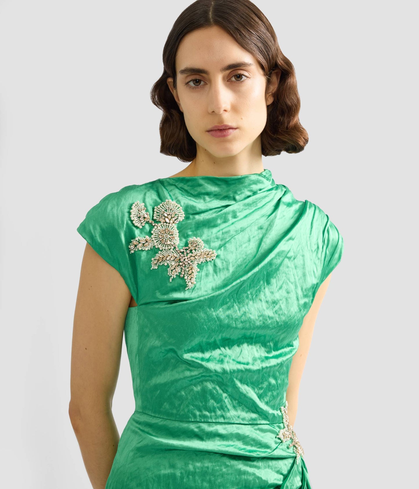 Embellished Textured Satin Draped Gown