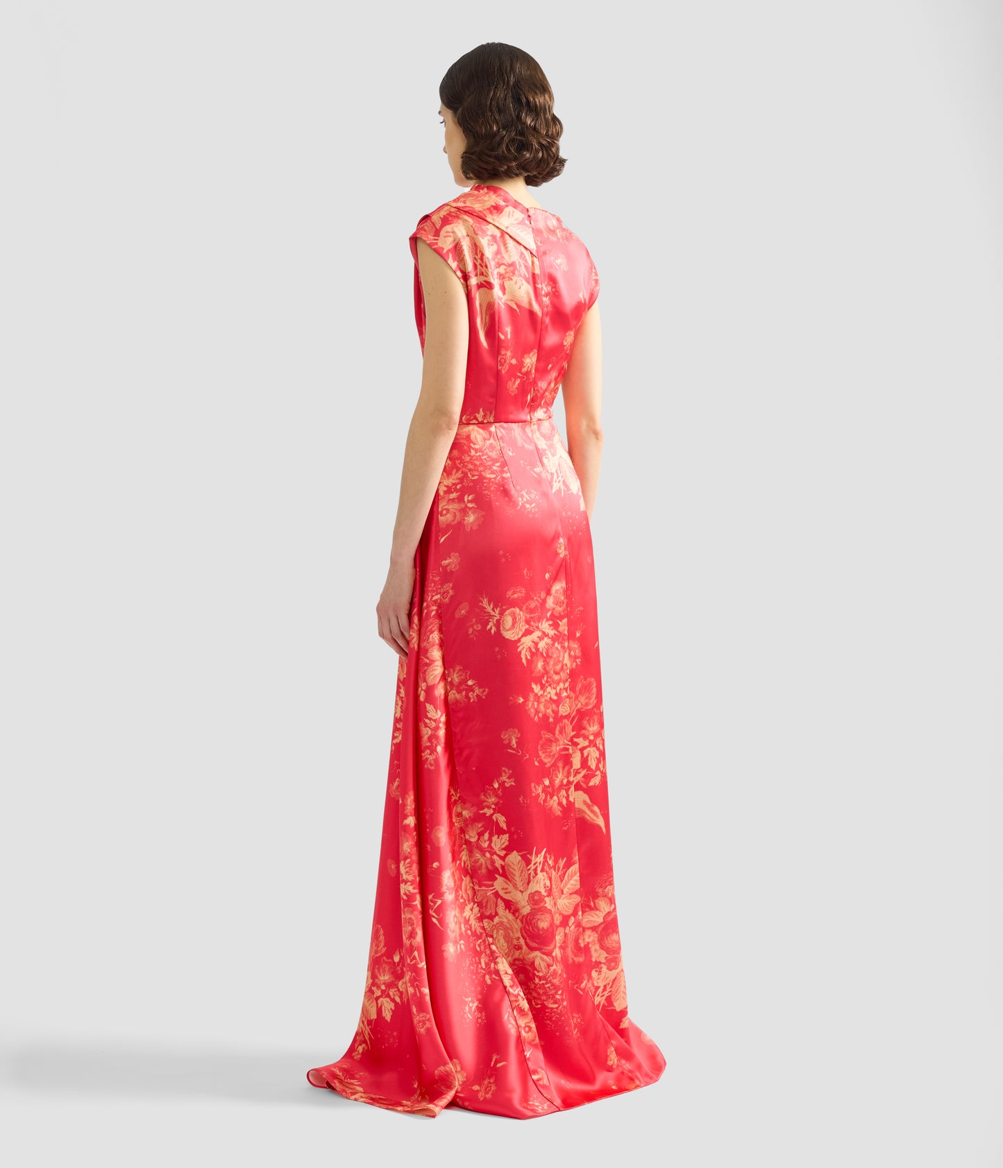 Floral Print Duchess Draped Gown